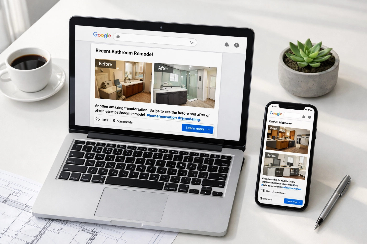 Google Posts displaying contractor before-and-after renovation photos on devices Google Posts displaying contractor before-and-after renovation photos on devices