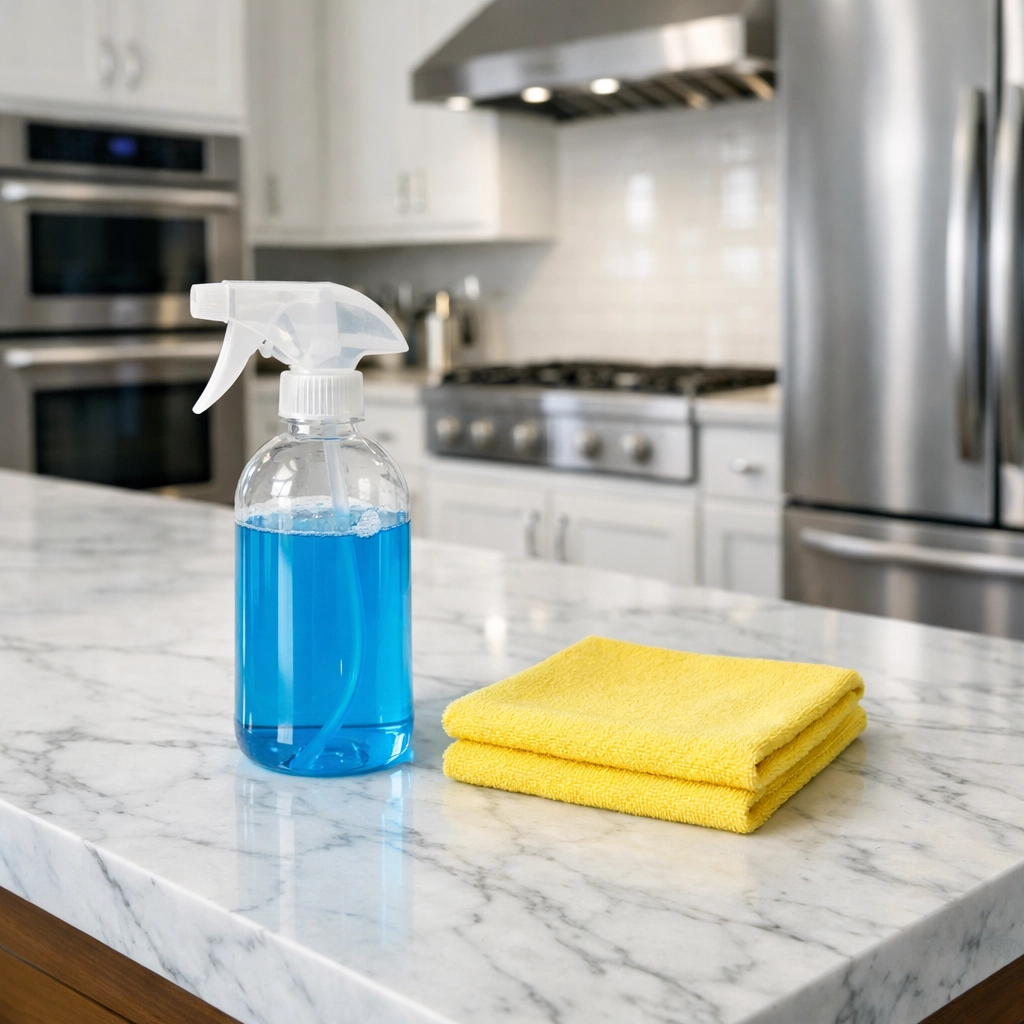 Professional kitchen deep cleaning Groton MA using eco-friendly products on marble counters.