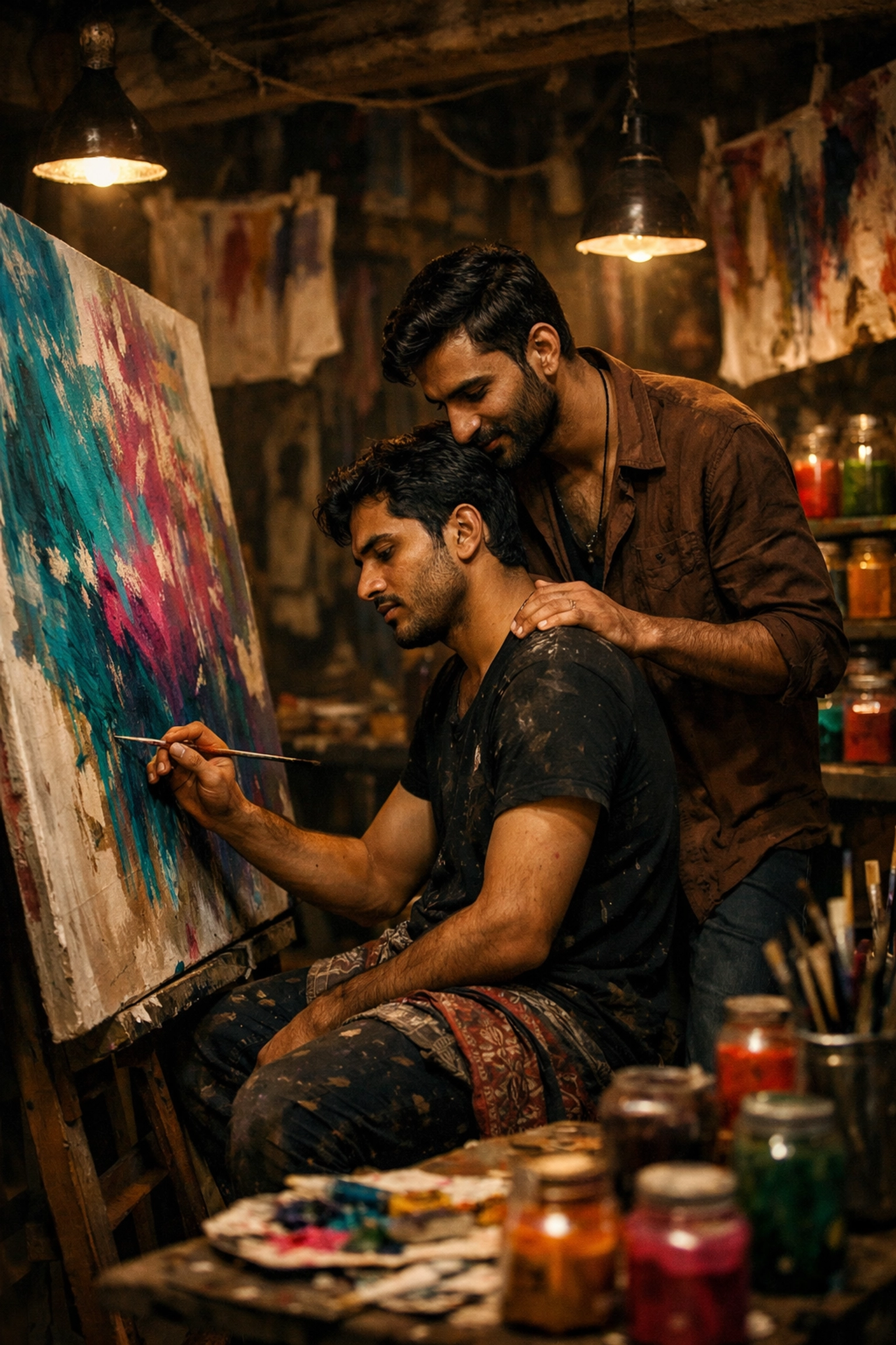 Two Pakistani men in a hidden art studio representing the underground LGBTQ+ art scene in Karachi.