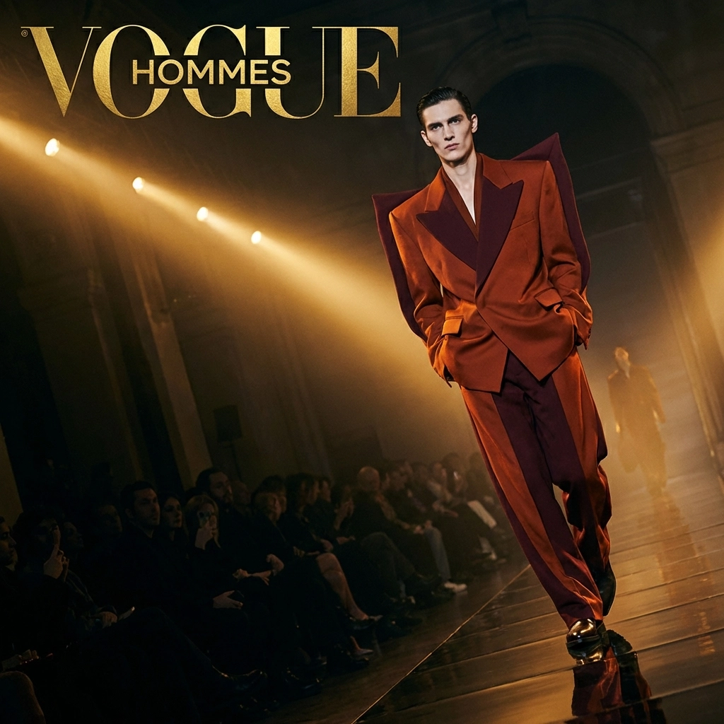 Male model in bold, oversized suit on fashion runway, highlighting Latino menswear designer Willy Chavarria