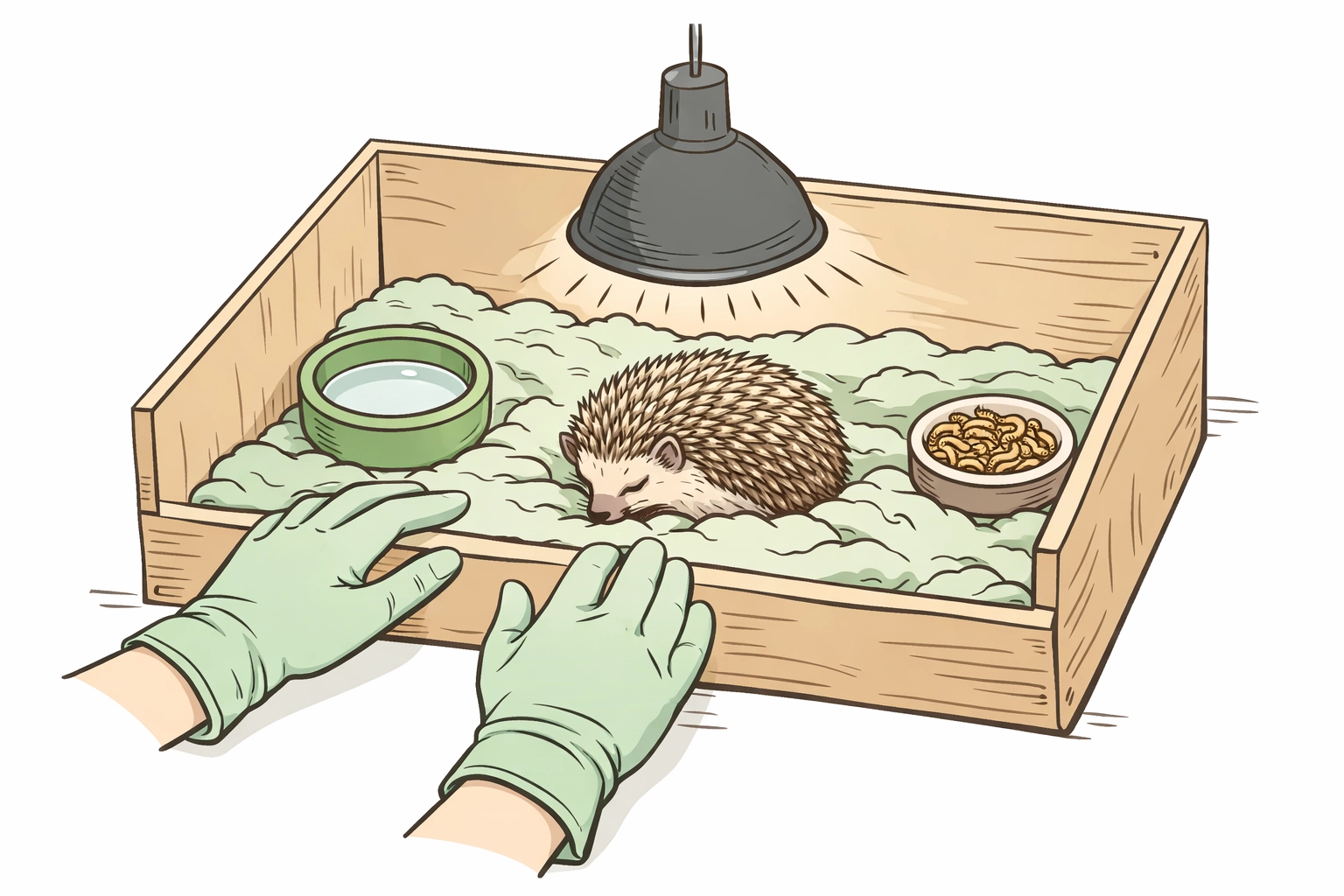 Hedgehog recovery enclosure with medical supplies at wildlife rescue sanctuary