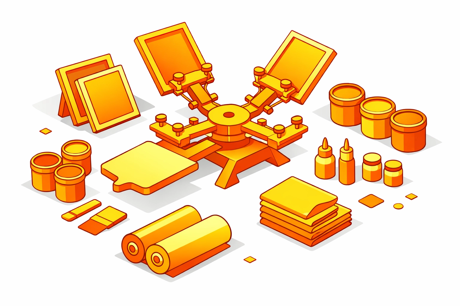 Screen printing workshop layout with equipment, ink supplies, and materials for cost tracking