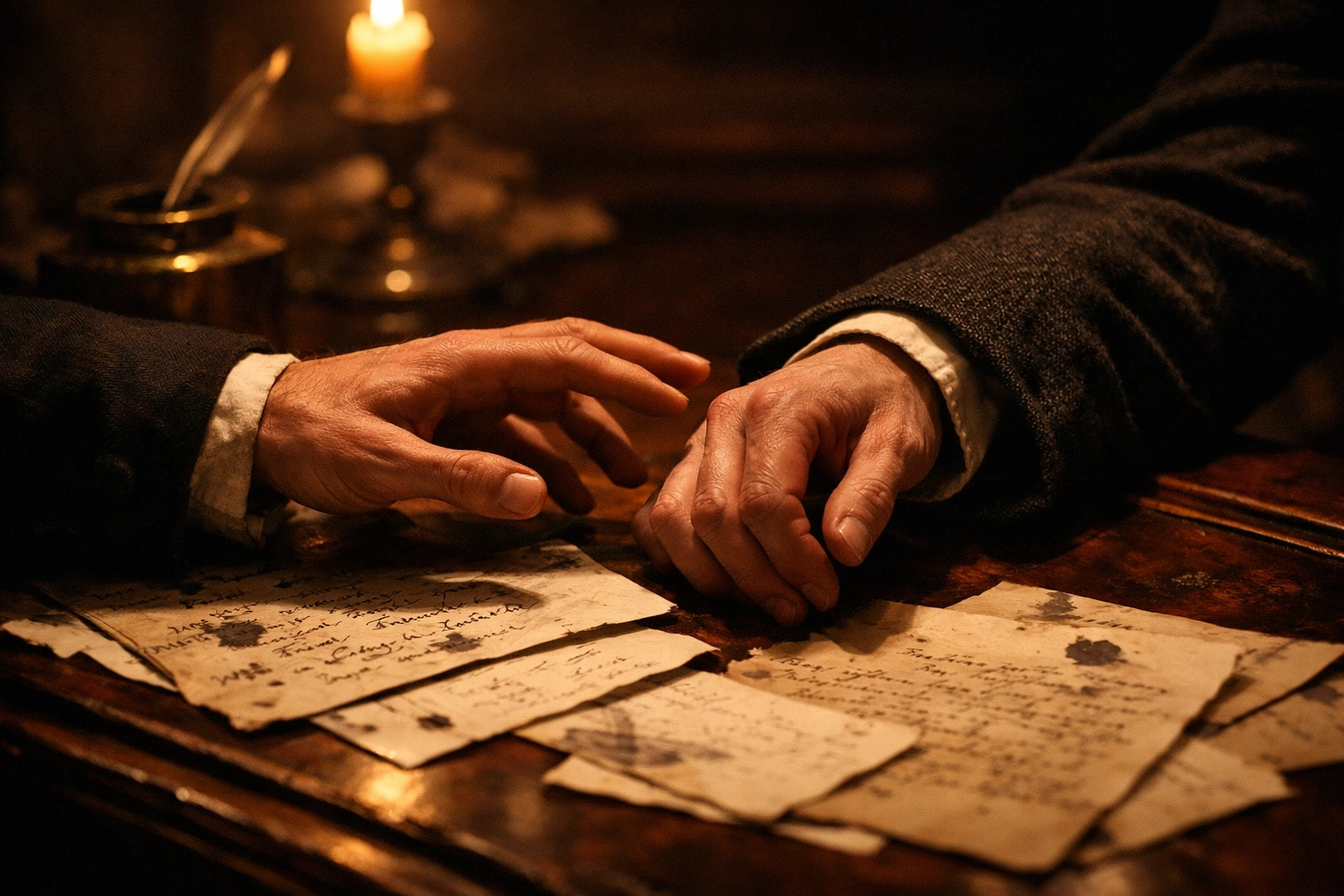 Two men's hands over old letters in a Victorian setting, representing the heartache found in gay historical romance.