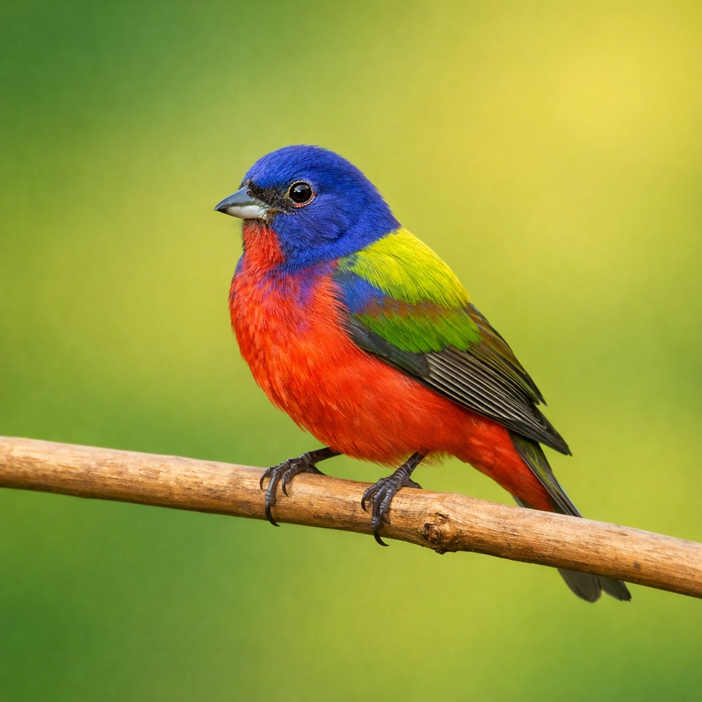 Colorful Painted Bunting on a branch with a smooth bokeh background.