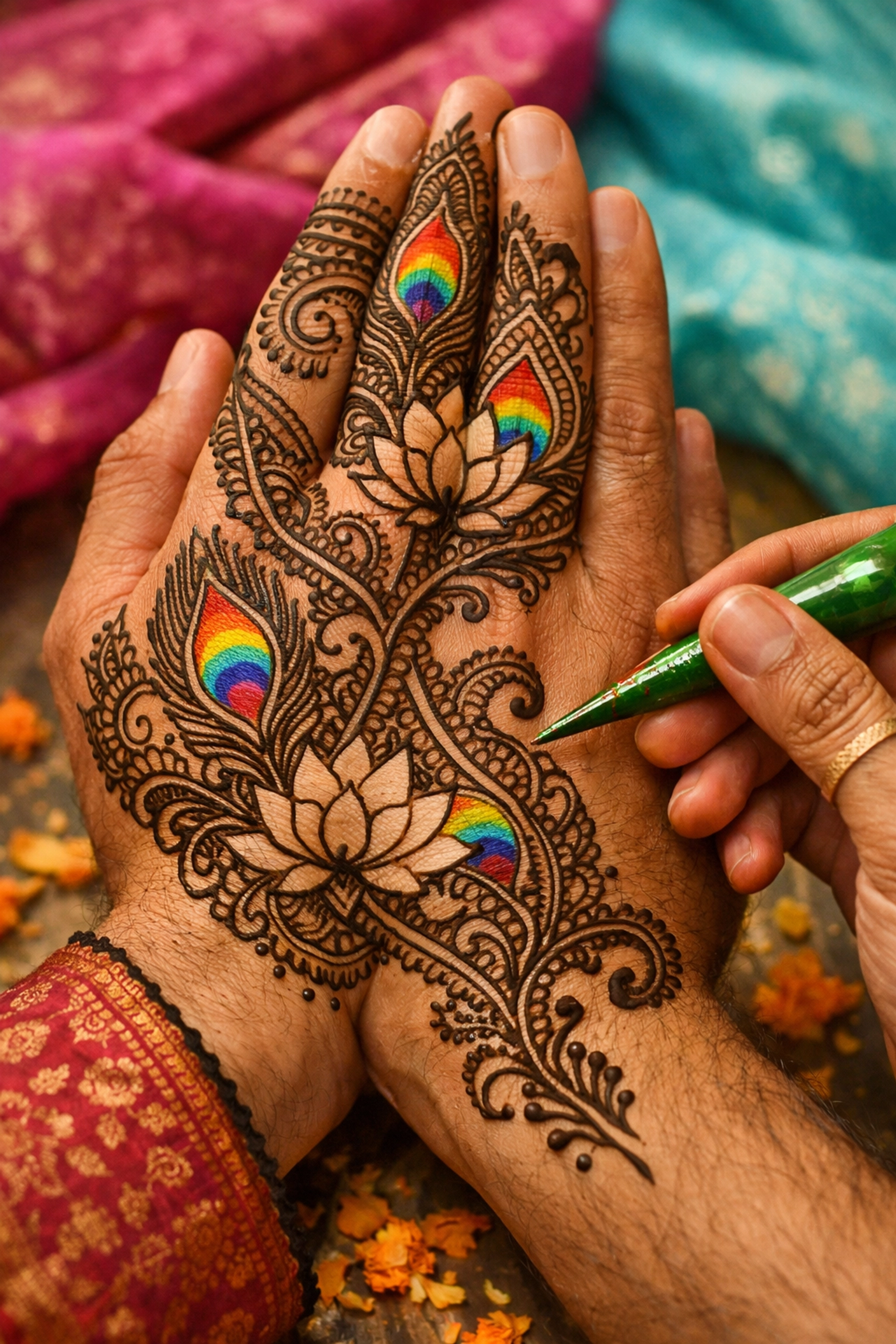Gay couple receiving intricate mehndi henna designs on hands during Indian wedding ceremony