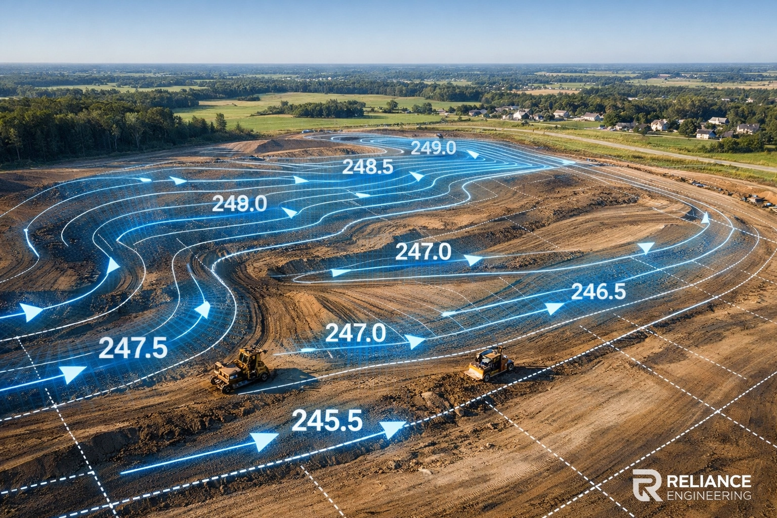 Aerial view of Ontario land development site featuring precision grading and civil engineering drainage contours.