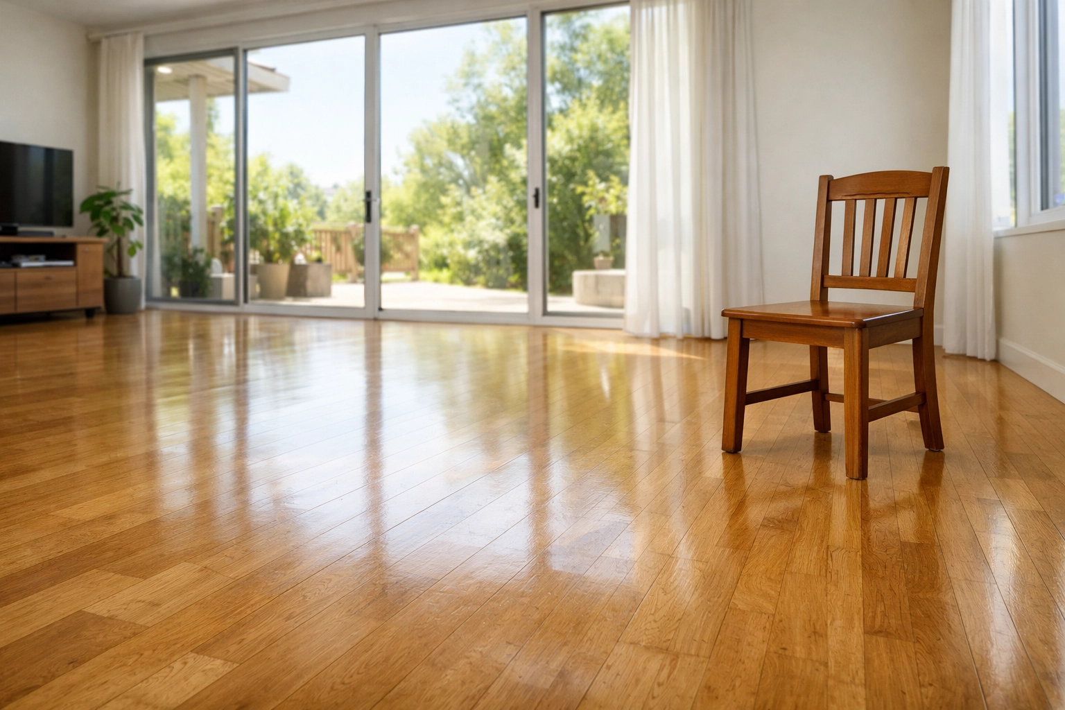 A safe, clutter-free home space with a sturdy chair ready for senior balance training exercises.