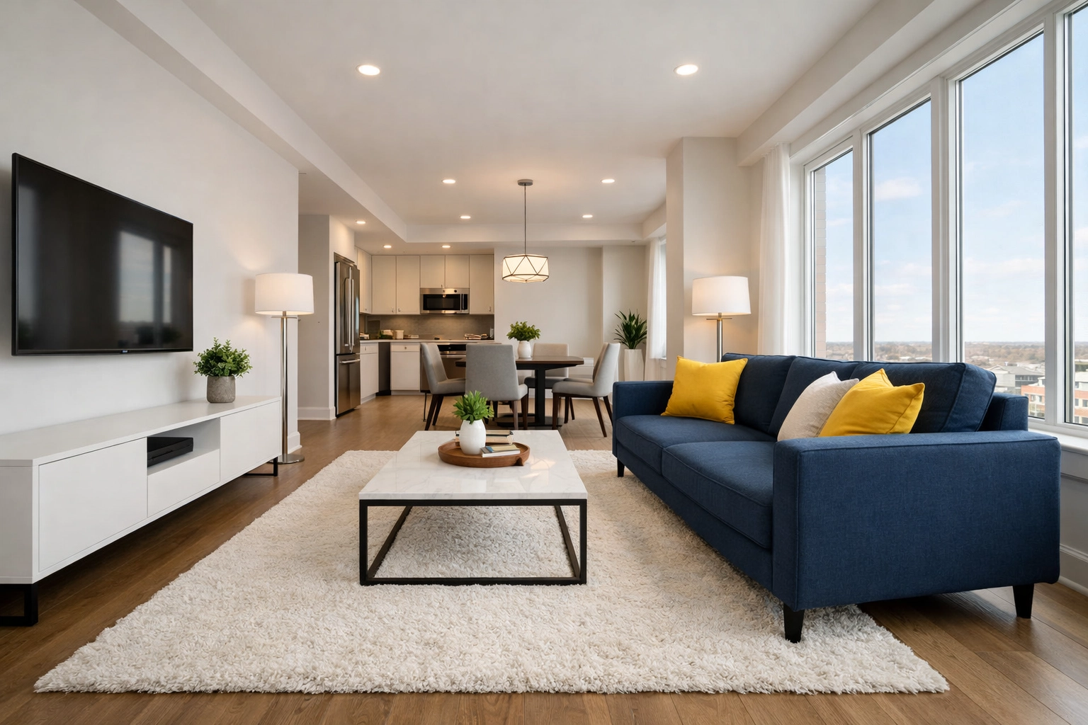 Modern living room showing professional apartment cleaning services in Leominster MA with zero clutter.