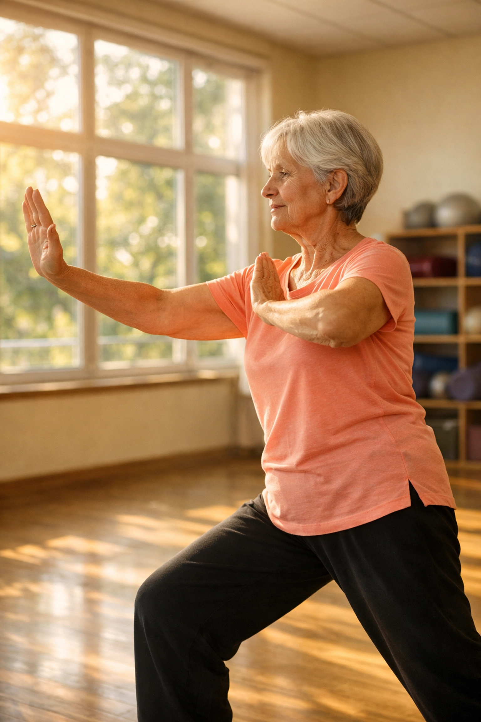 Senior woman practicing tai chi for balance and fall prevention