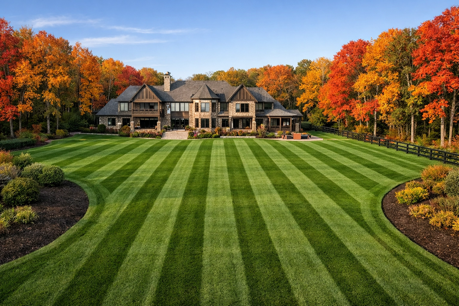 Pristine Michigan property featuring a manicured lawn and clean edges after fall service.