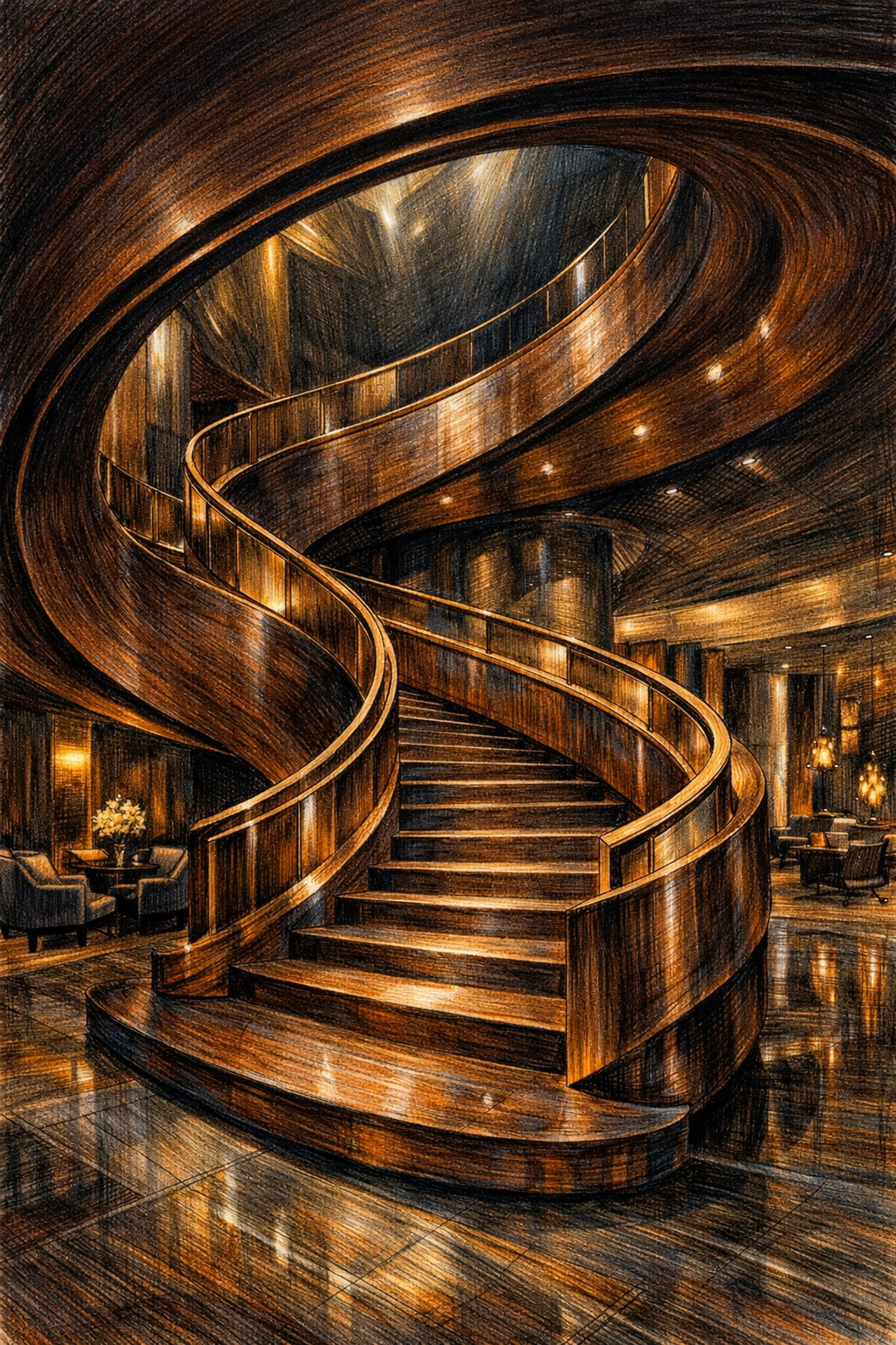 Sustainable hotel architecture featuring a grand eucalyptus wood and bronze staircase in a luxury lobby.