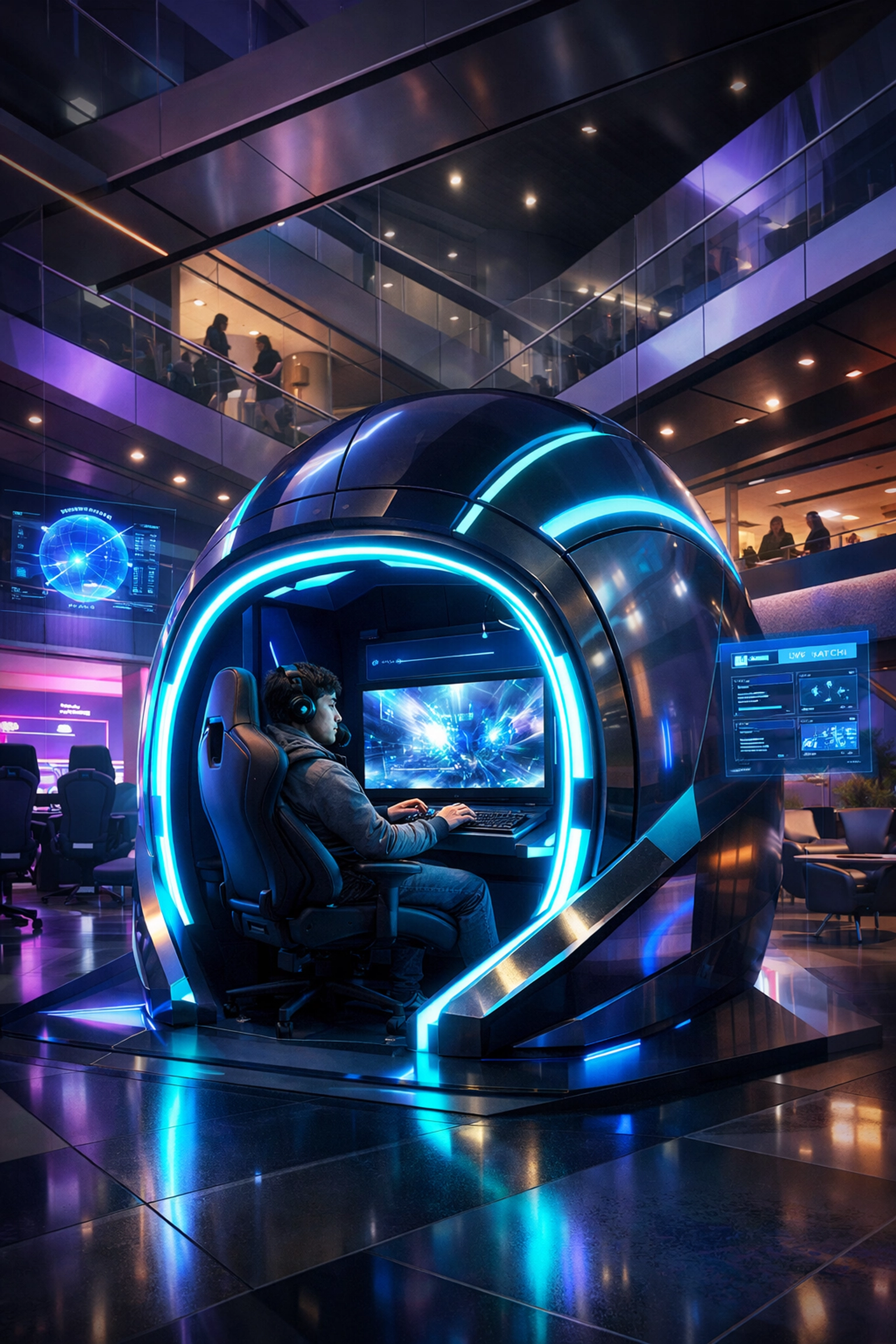 High-tech esports simulation pod in a university atrium providing Gen Z physical brand engagement.