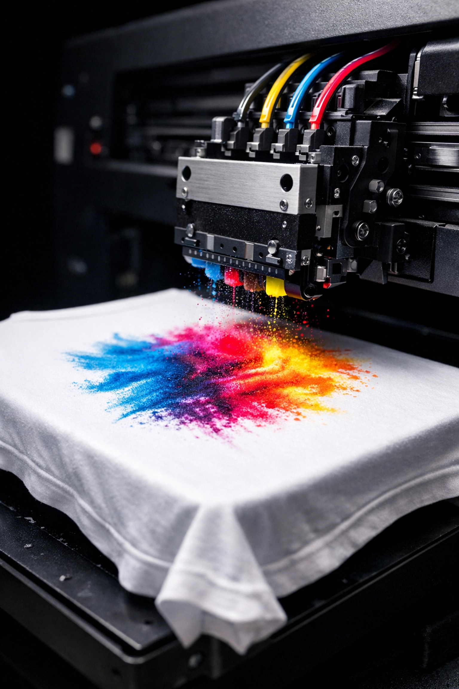 DTG printer applying custom design to white t-shirt with vibrant colored inks