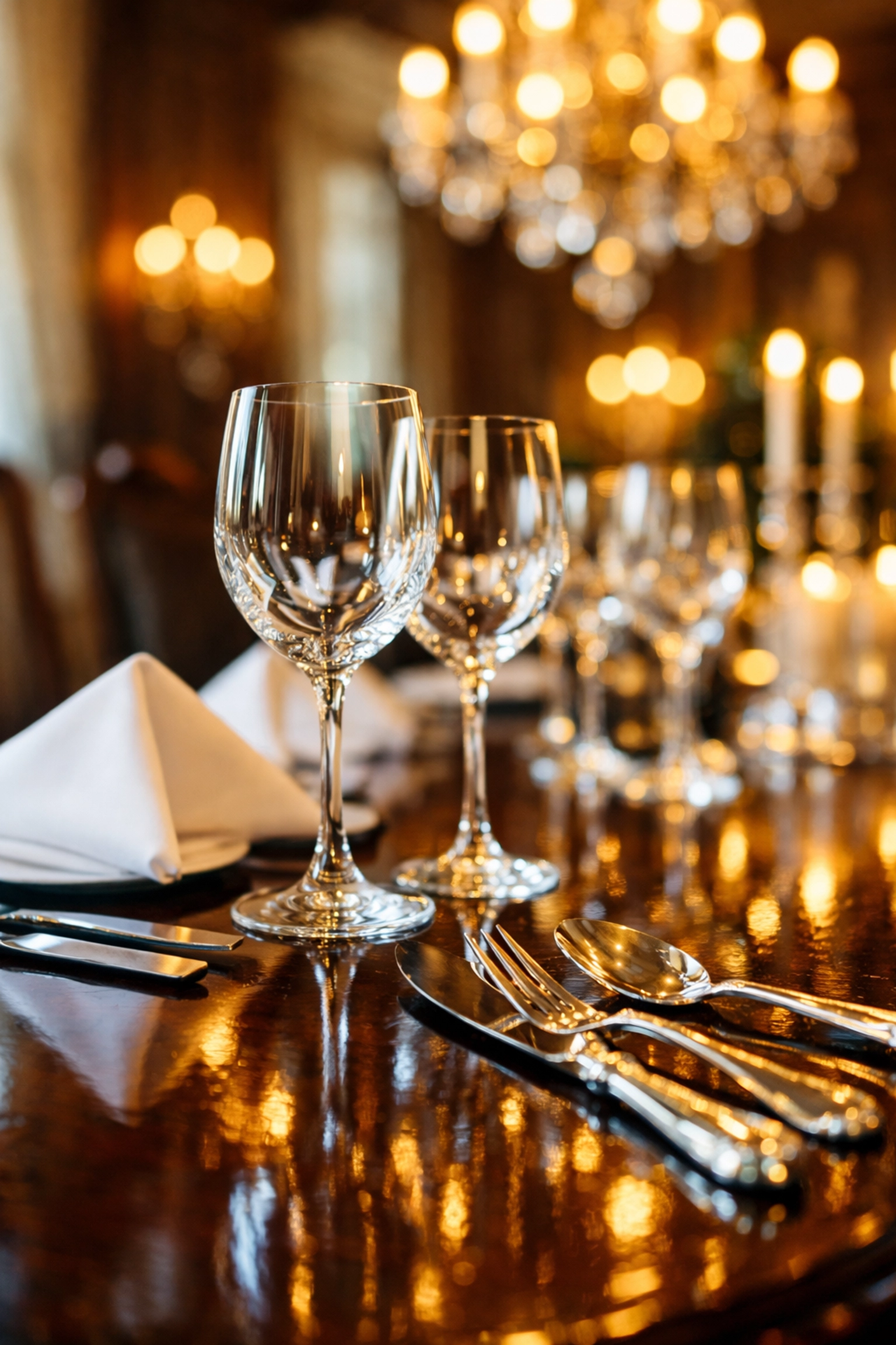 Sparkling crystal glasses on a polished mahogany dining table, reflecting expert luxury cleaning in Dover.