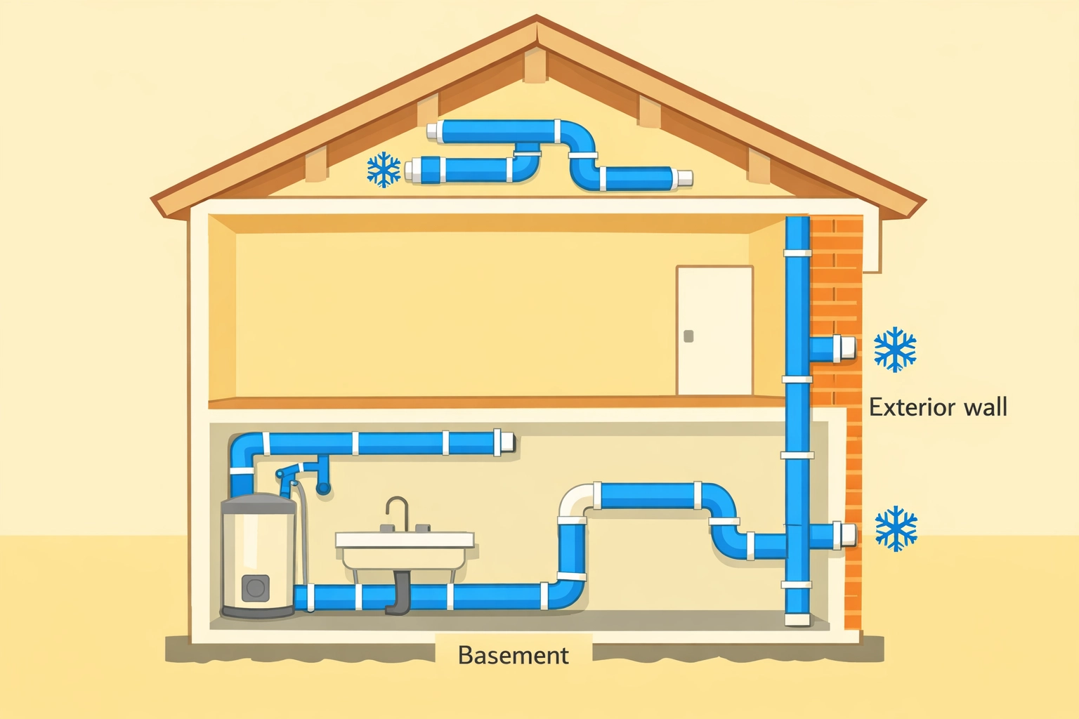 Foam pipe insulation wrapped around exposed pipes in basement and attic to prevent winter freezing