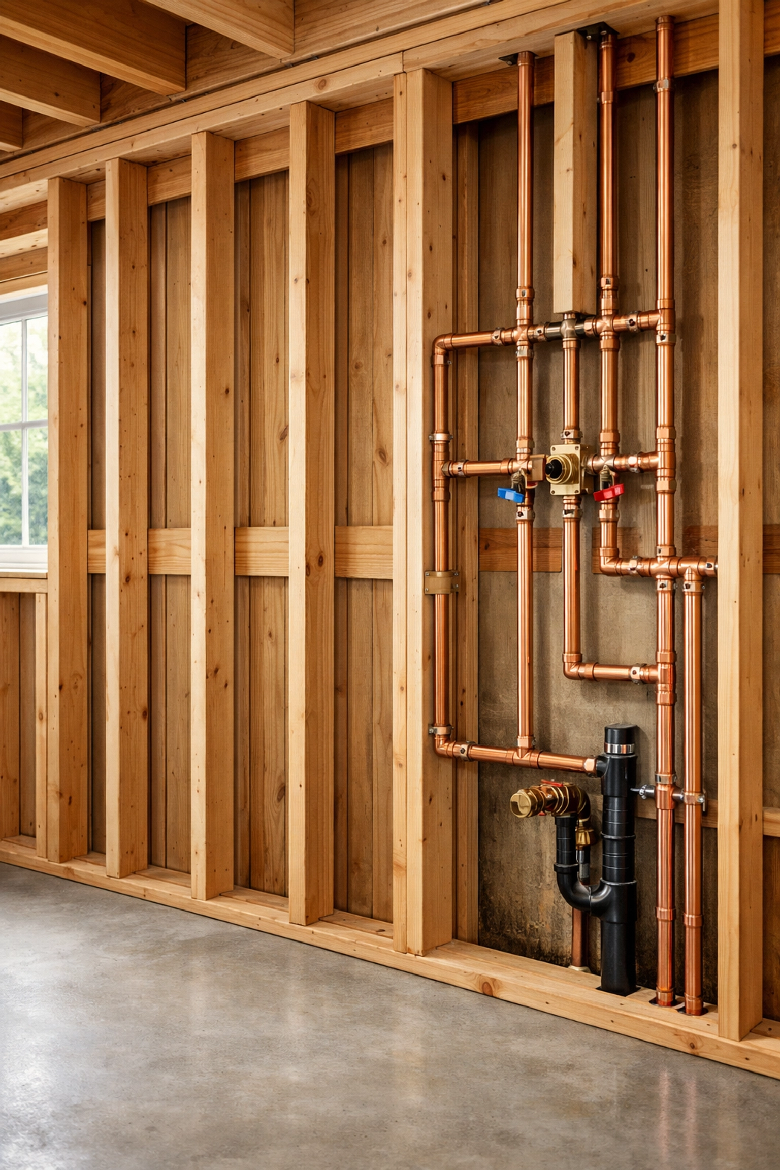 High-quality home renovation showing precise wooden studs and copper plumbing for structural integrity.
