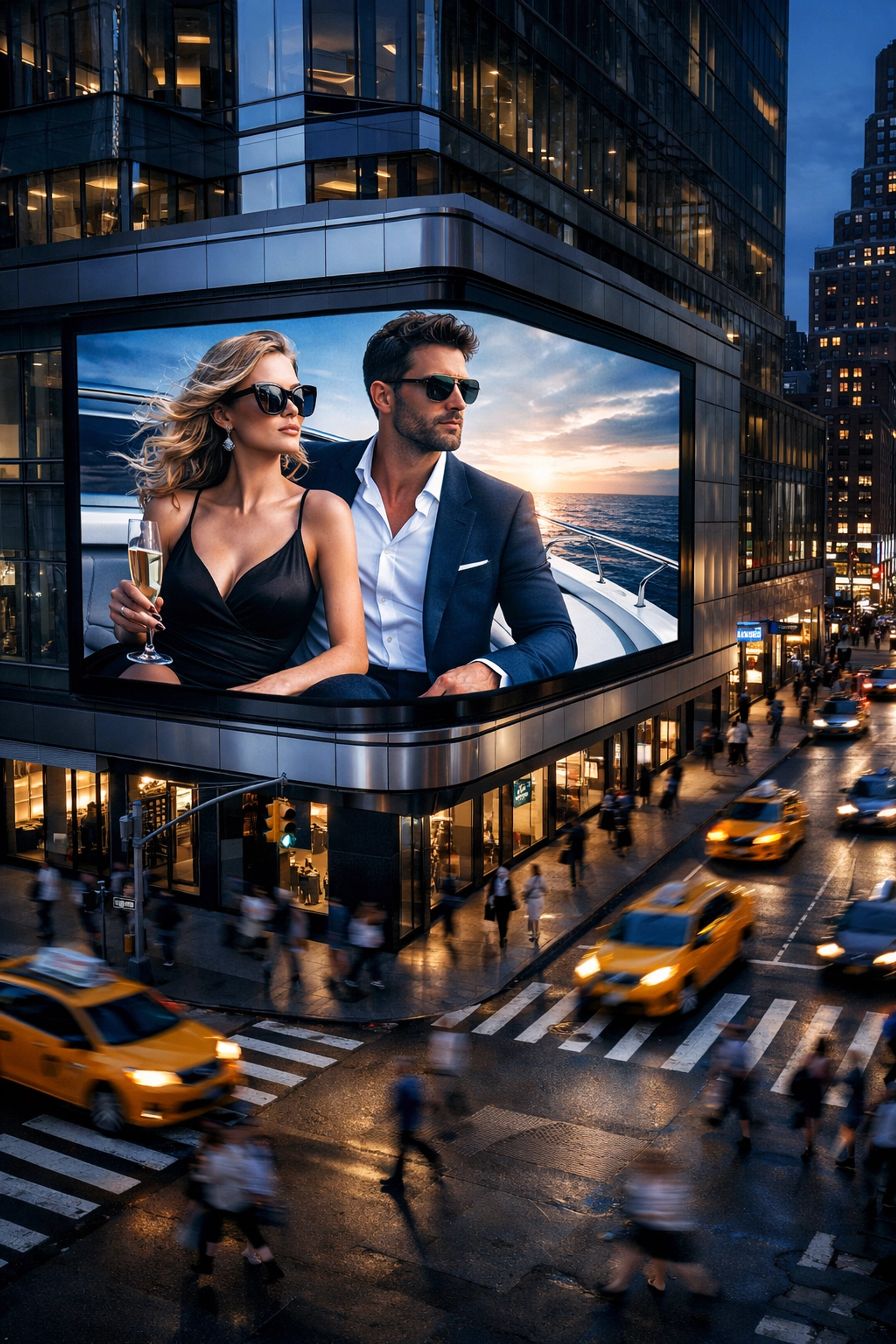 A high-definition digital billboard in a busy New York City intersection showcasing dynamic DOOH advertising insights.