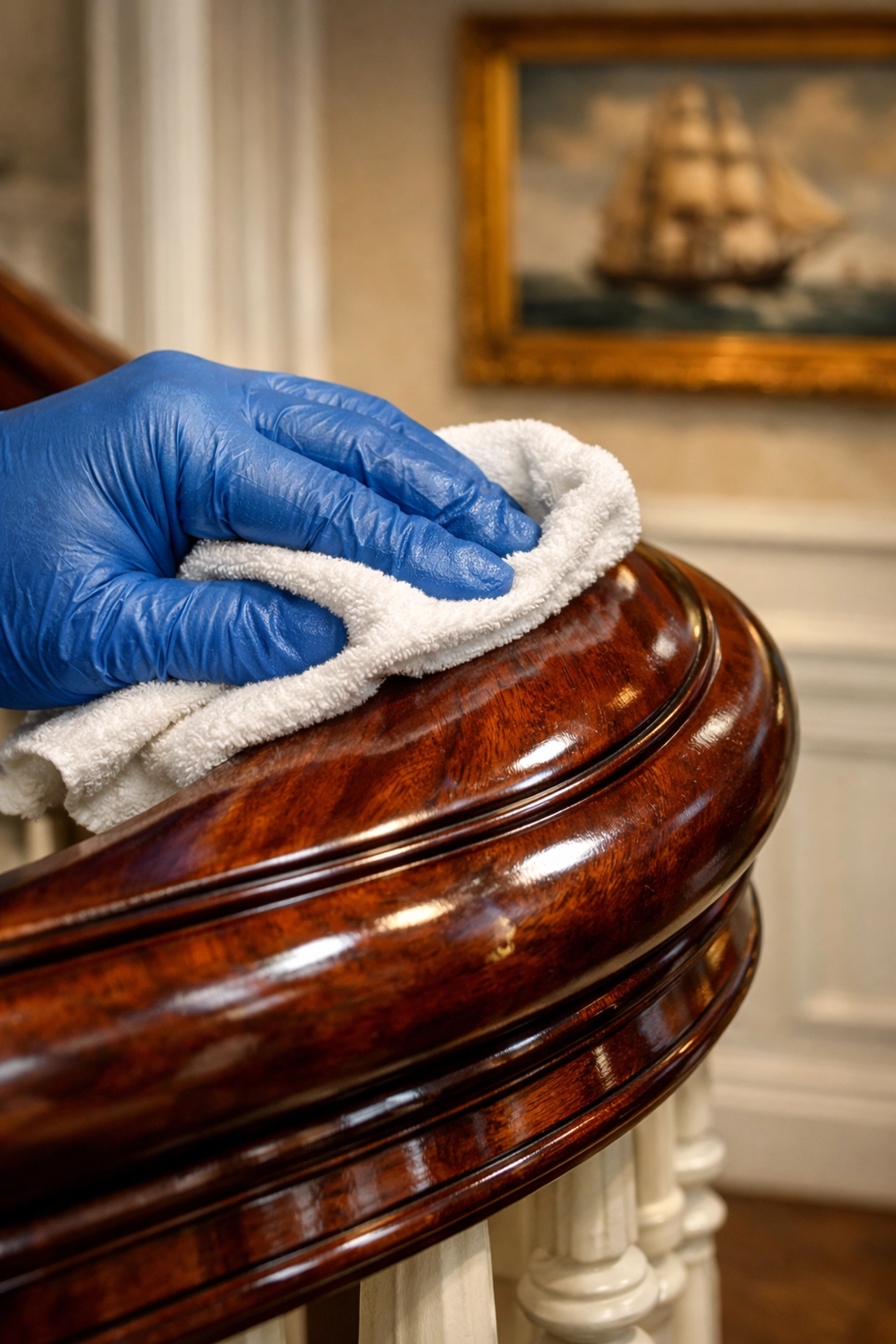 Professional cleaning of a historic mahogany banister in a Marblehead home using eco-friendly products.