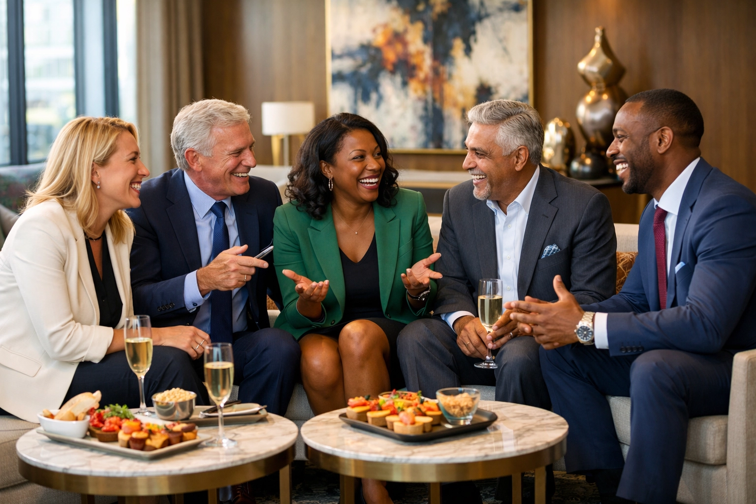 Business executives networking in exclusive VIP lounge with premium corporate hospitality amenities