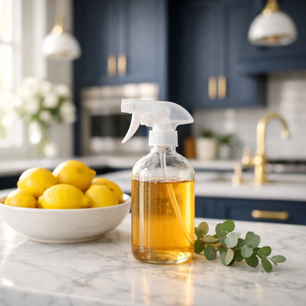 Eco-friendly cleaning products and natural ingredients on a bright Massachusetts kitchen island.