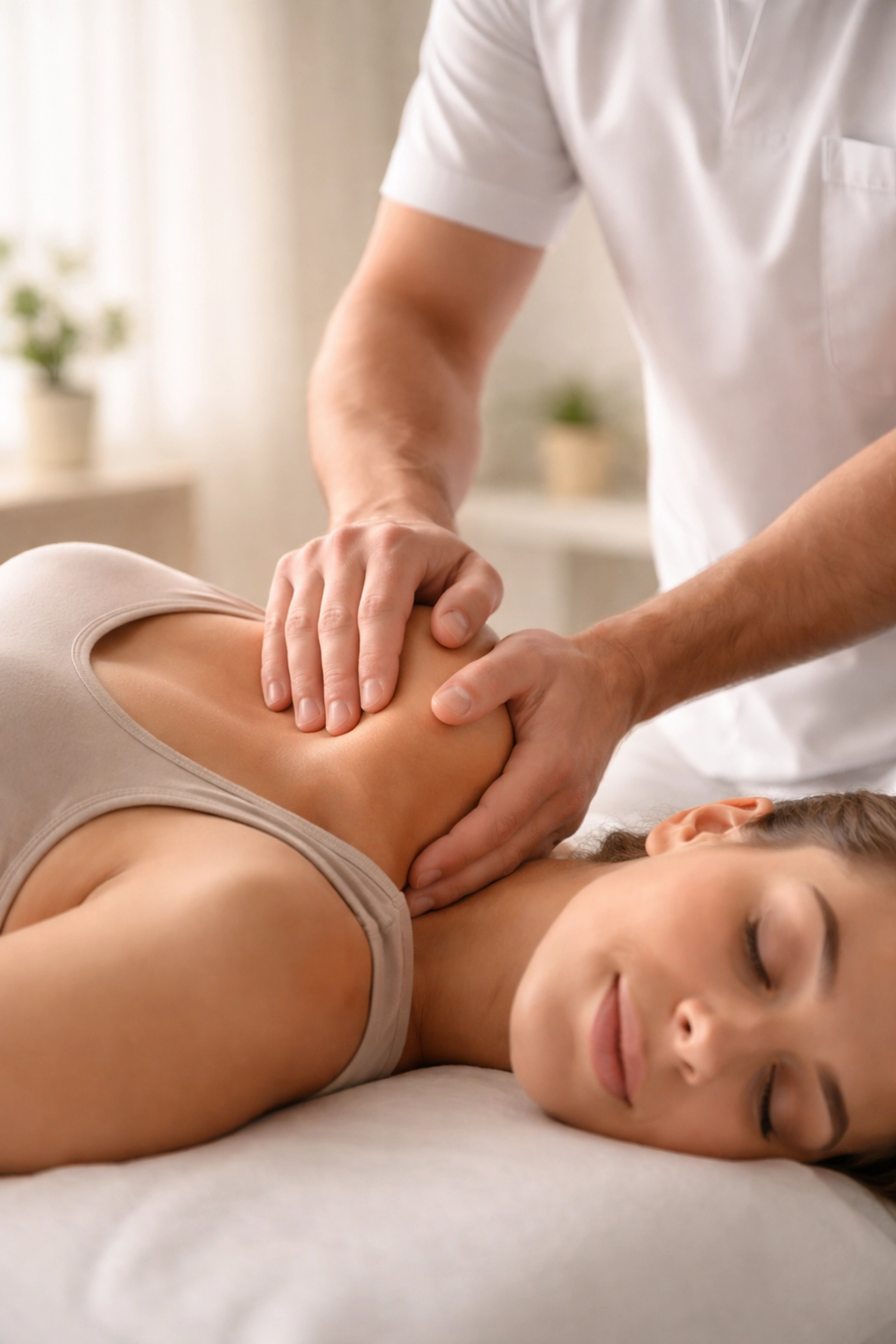 Osteopath treating a patient's shoulder in a bright clinic, representing expert osteopathy care in London Bridge