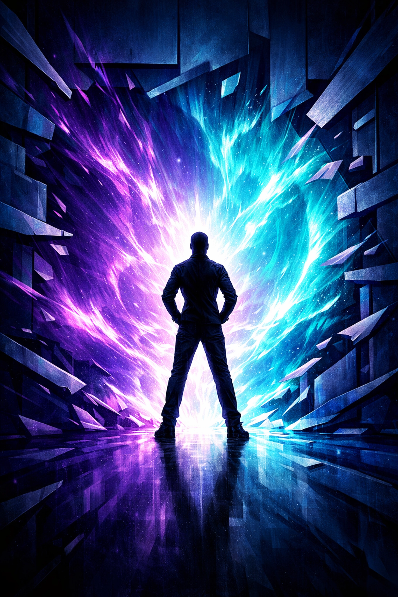 Empowered figure breaking through frames to represent personal growth and disability advocacy in modern business.