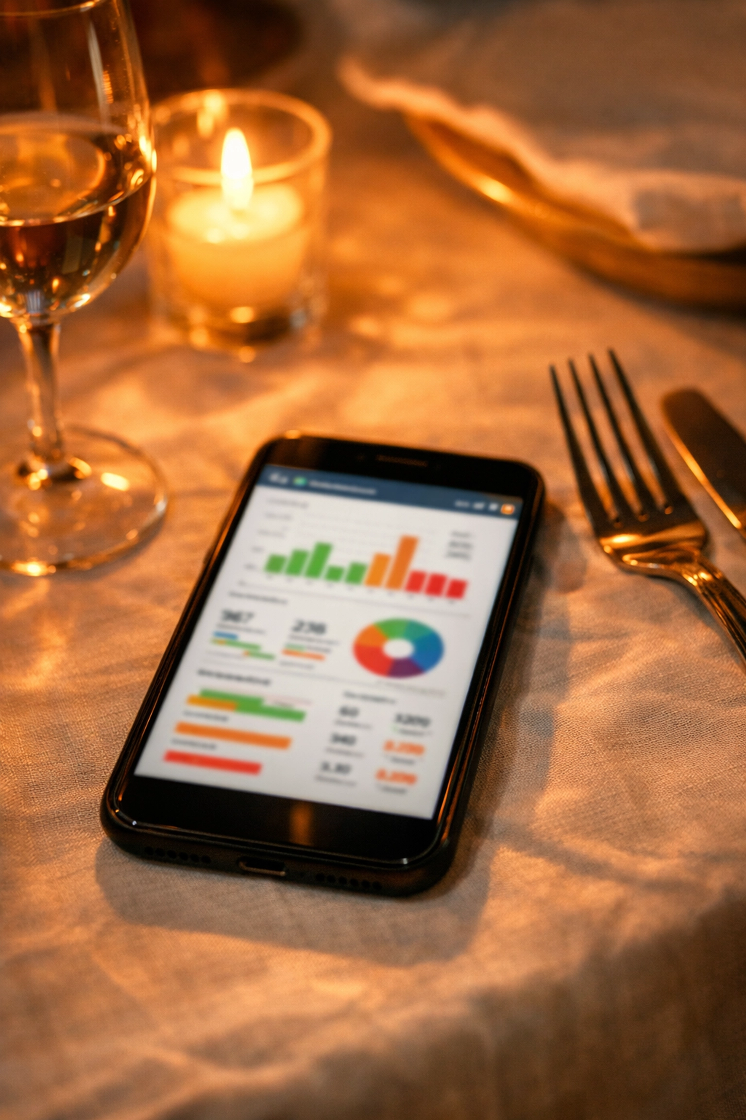 Restaurant management dashboard on smartphone during romantic dinner showing consultant's obsession with systems