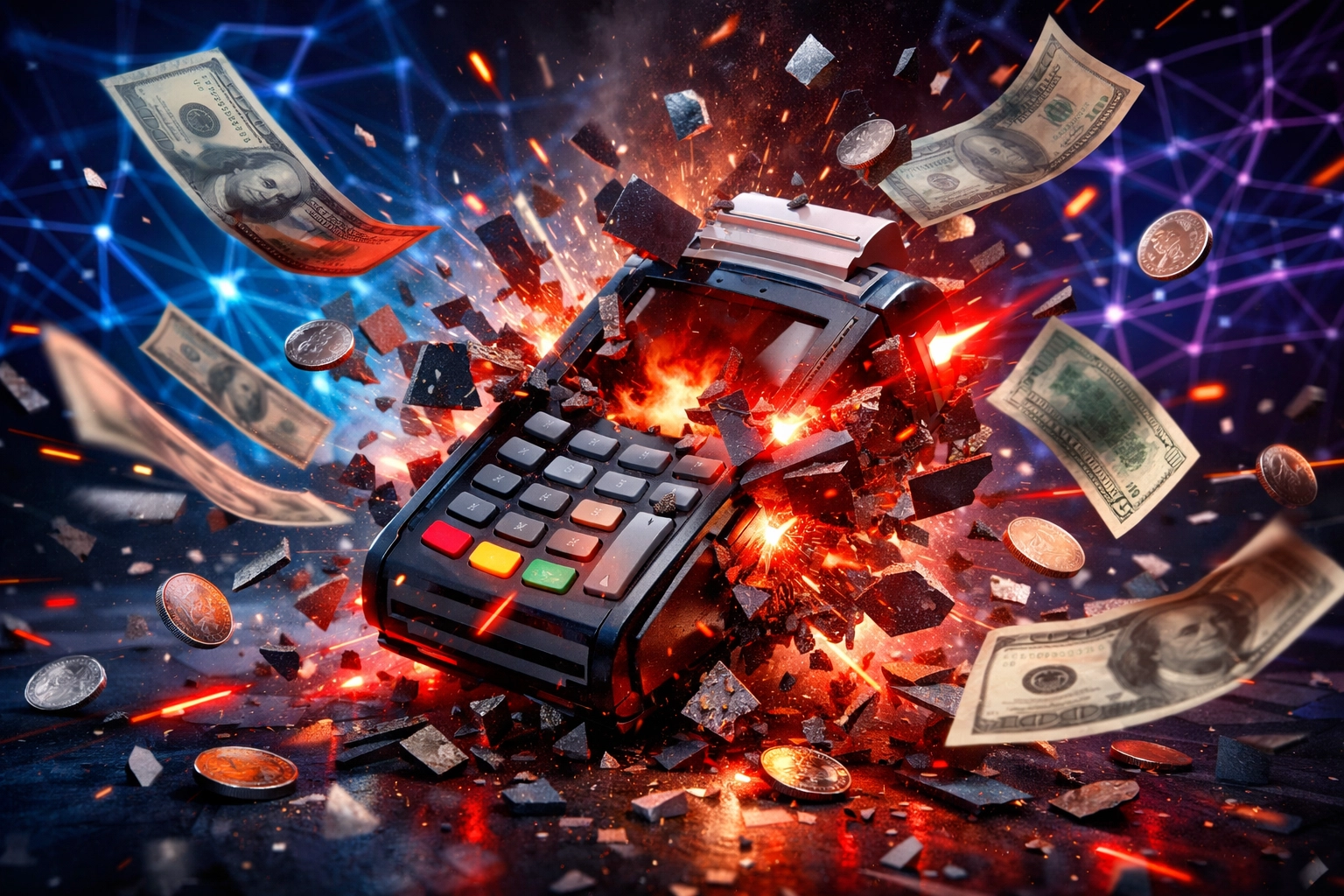 Traditional payment terminal breaking apart with hidden interchange fees vs transparent blockchain network