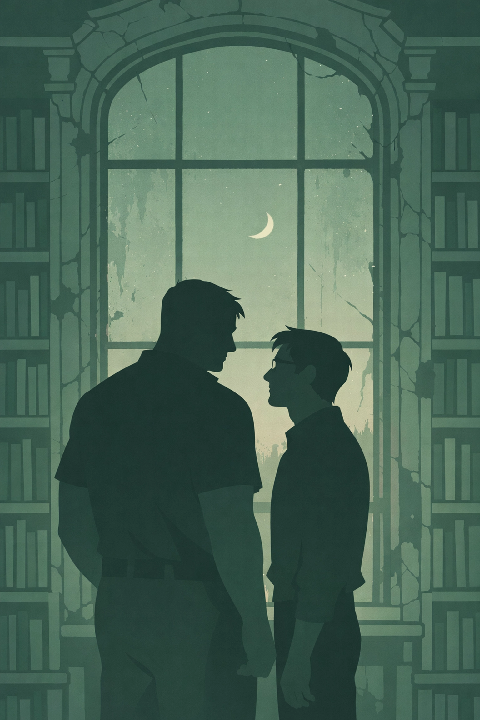 Two men silhouetted at library window - emotional MM romance scene at dusk