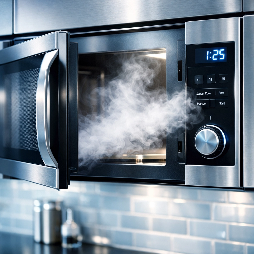 Modern stainless steel microwave emitting steam for a deep clean during a scheduled bi weekly house cleaning.