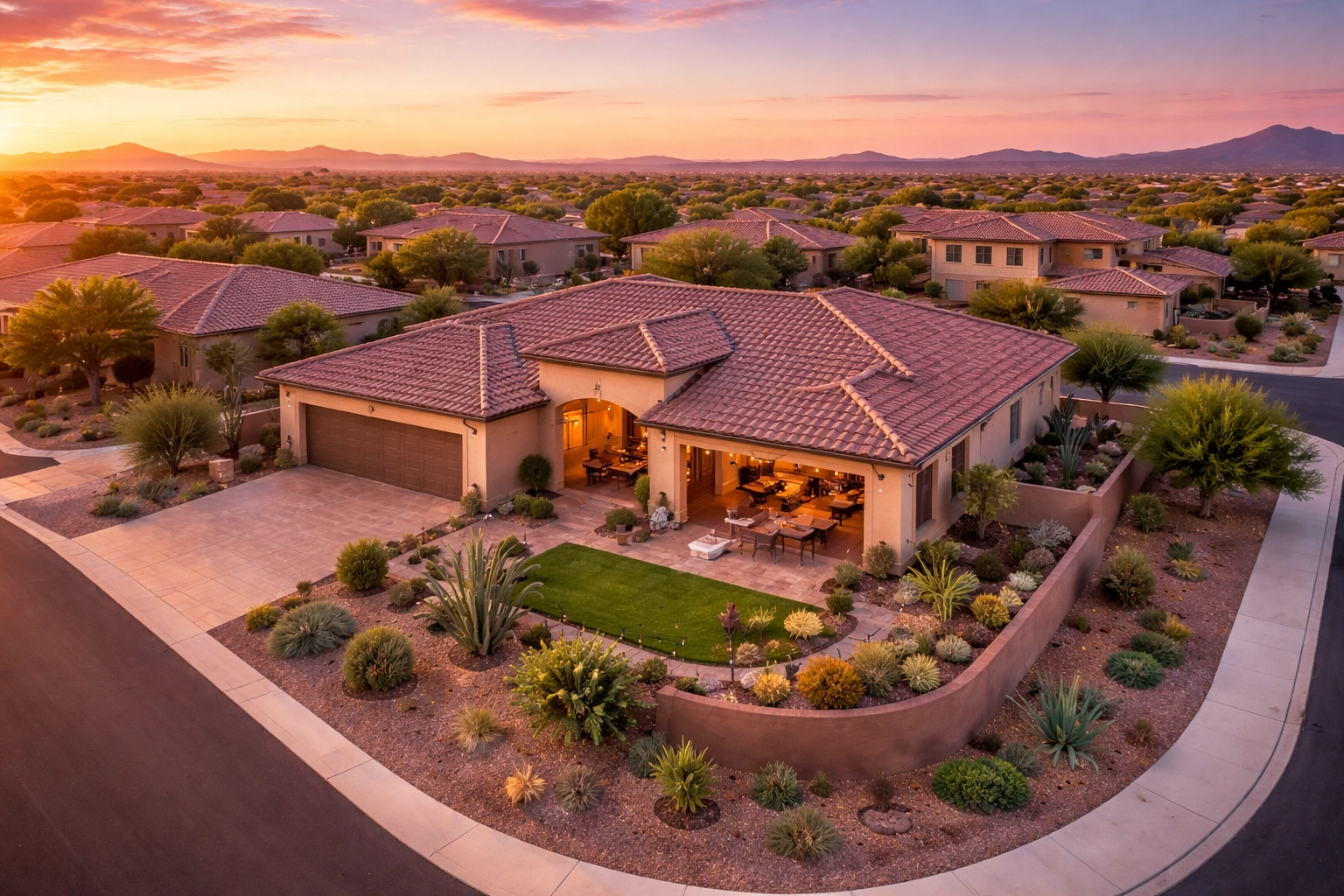 Aerial view of a Buckeye corner lot home for first responders, featuring extra yard and desert landscaping.