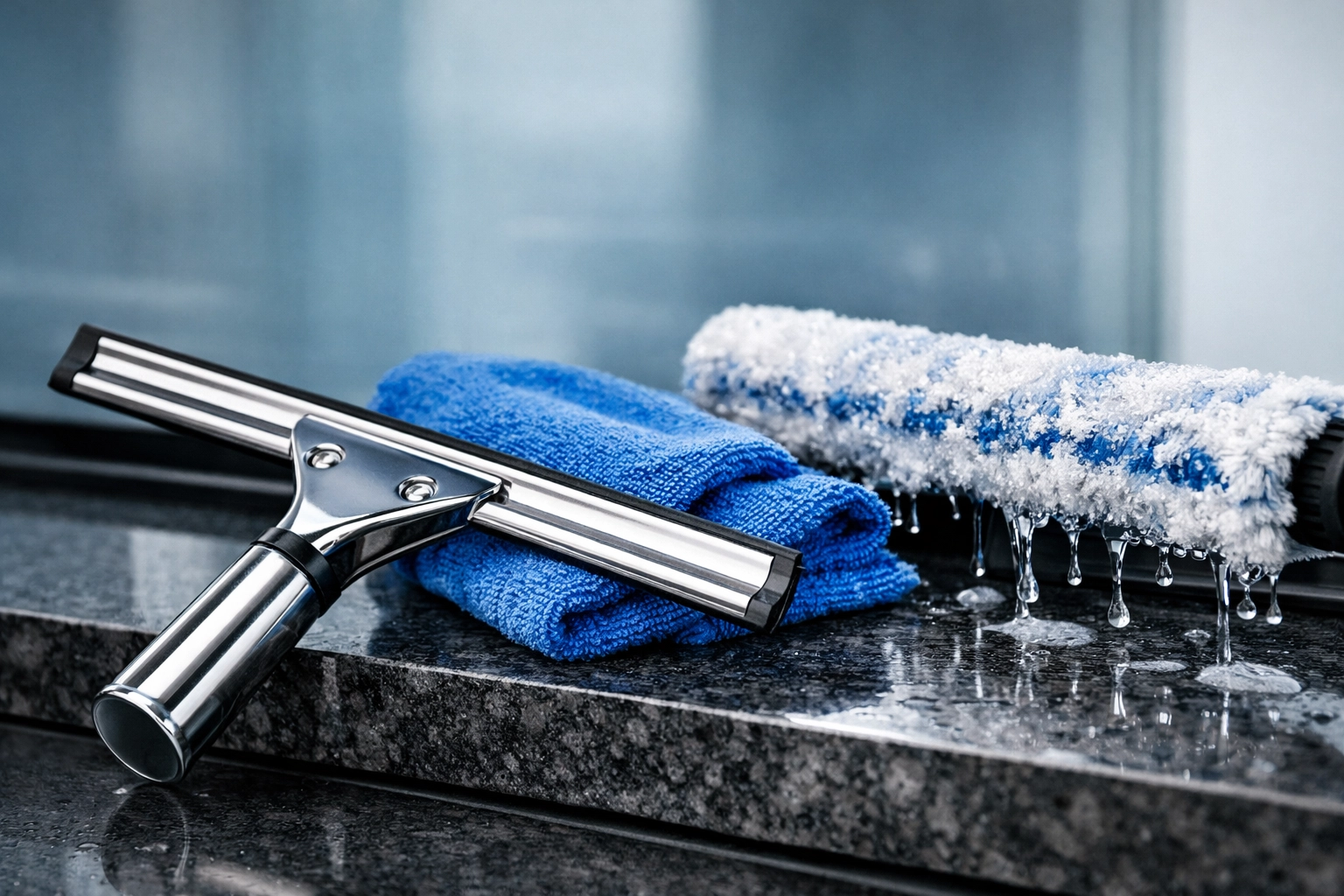 Professional window cleaning equipment including a squeegee and microfiber cloth for businesses.