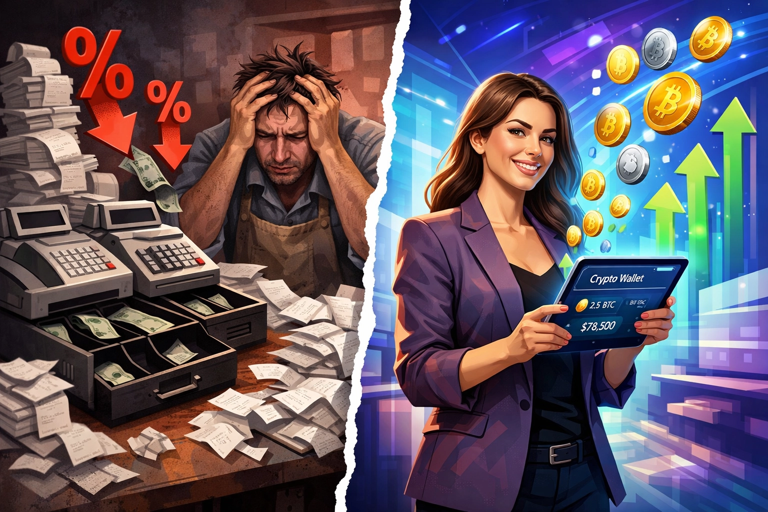 Comparison of traditional payment systems versus self-custody crypto merchant solutions