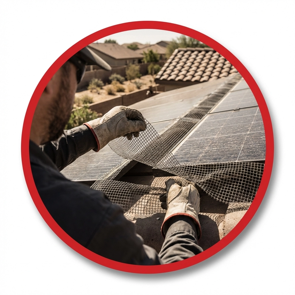 Pest control technician inspecting mesh screening on solar panels for Arizona home maintenance