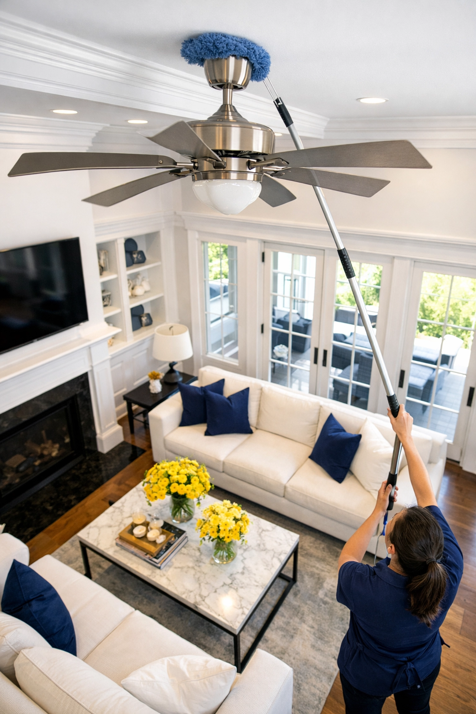Professional deep cleaning Westborough strategy: dusting ceiling fans and crown molding top-to-bottom.