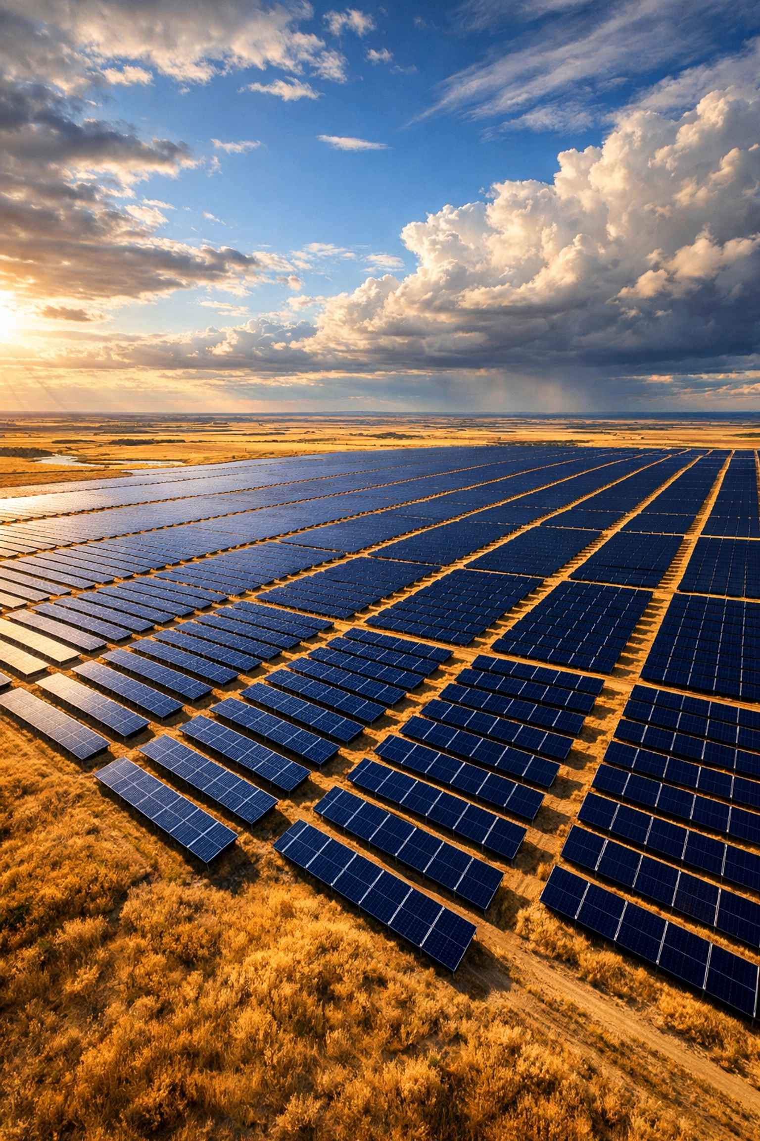 Solar farm panels across Saskatchewan prairie landscape