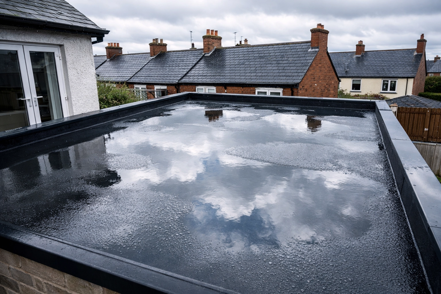 Ponding water pooling on flat roof in Belfast showing common drainage problems