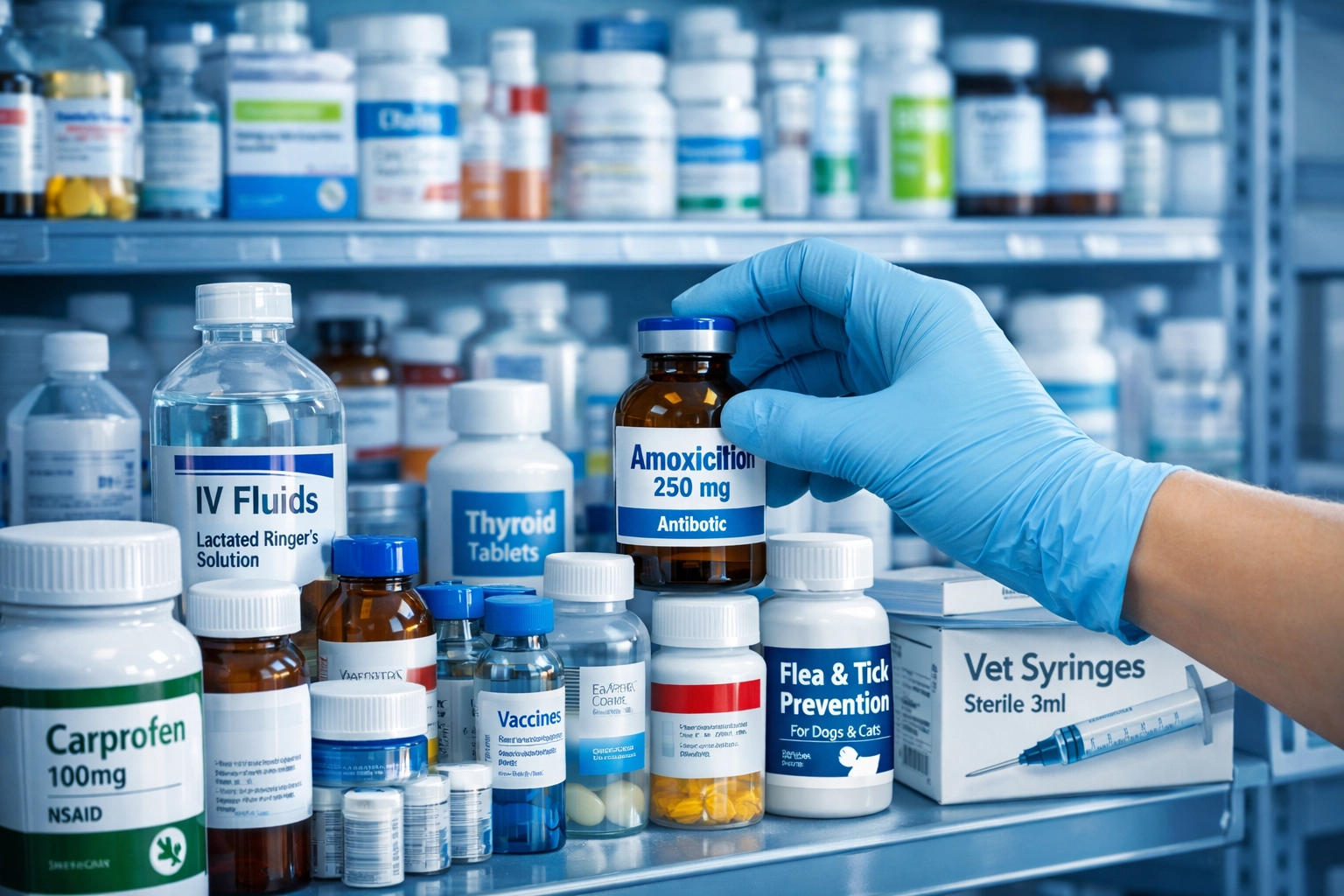 Veterinary pharmacy inventory shelves with medications and supplies requiring proper tracking