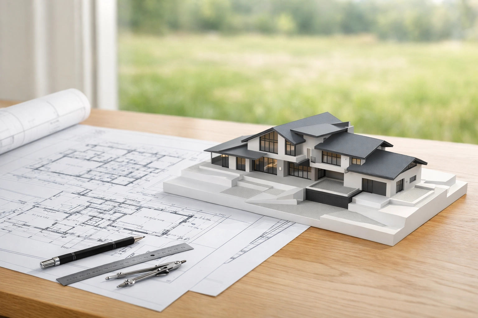 Architectural blueprints for a custom home build overlooking a vacant land lot in Tumble Creek.