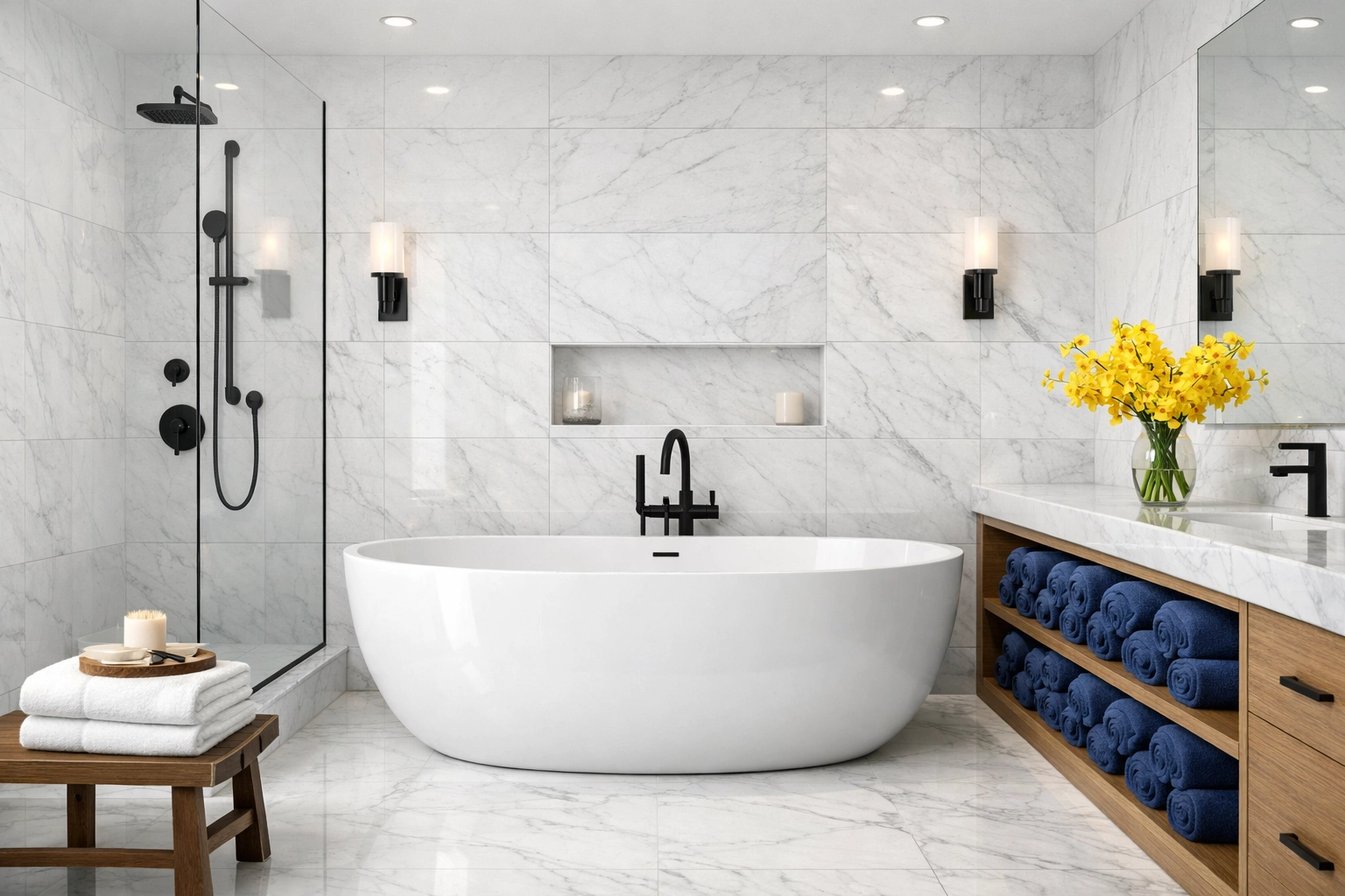 A sparkling marble bathroom with a soaking tub maintained by professional weekly house cleaning in Franklin.