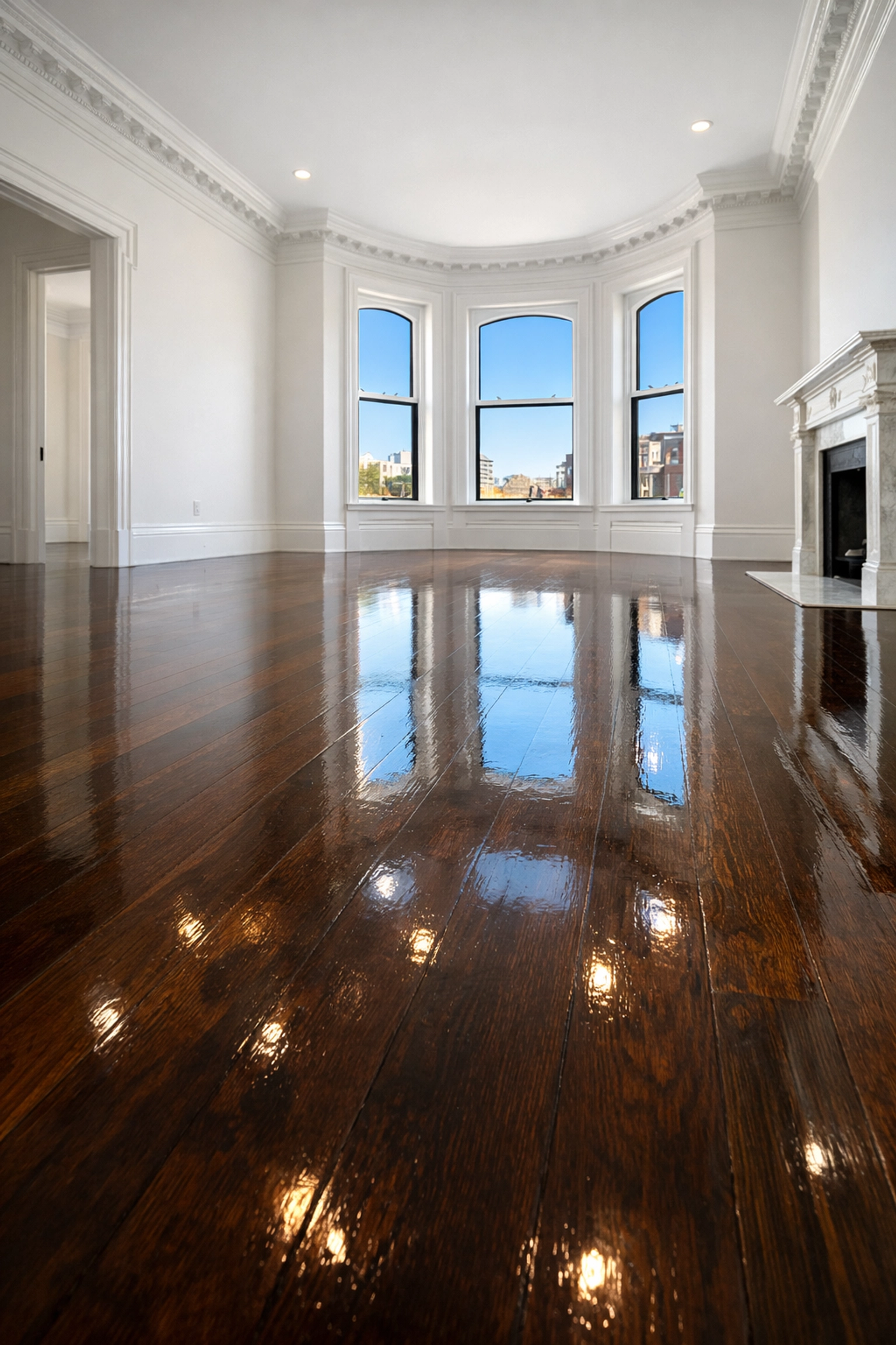 Polished hardwood floors in a vacant Boston brownstone after a move-out Apartment Cleaning Boston.
