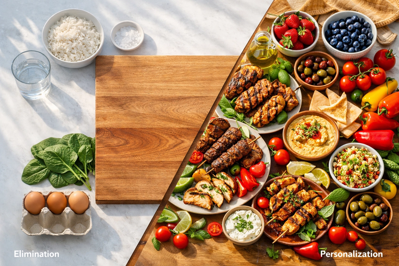 Visual comparison between the low-FODMAP elimination phase and long-term diet personalization.