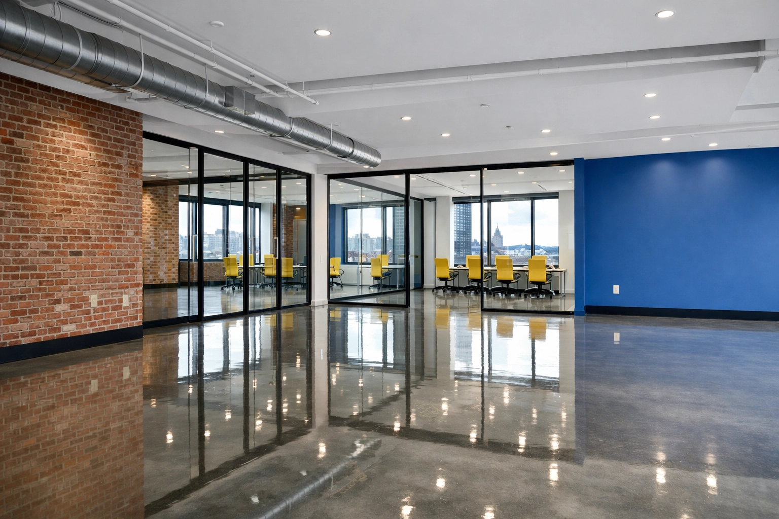 A spotless commercial office in Boston following high-end post-construction cleaning MA for a business move-in.