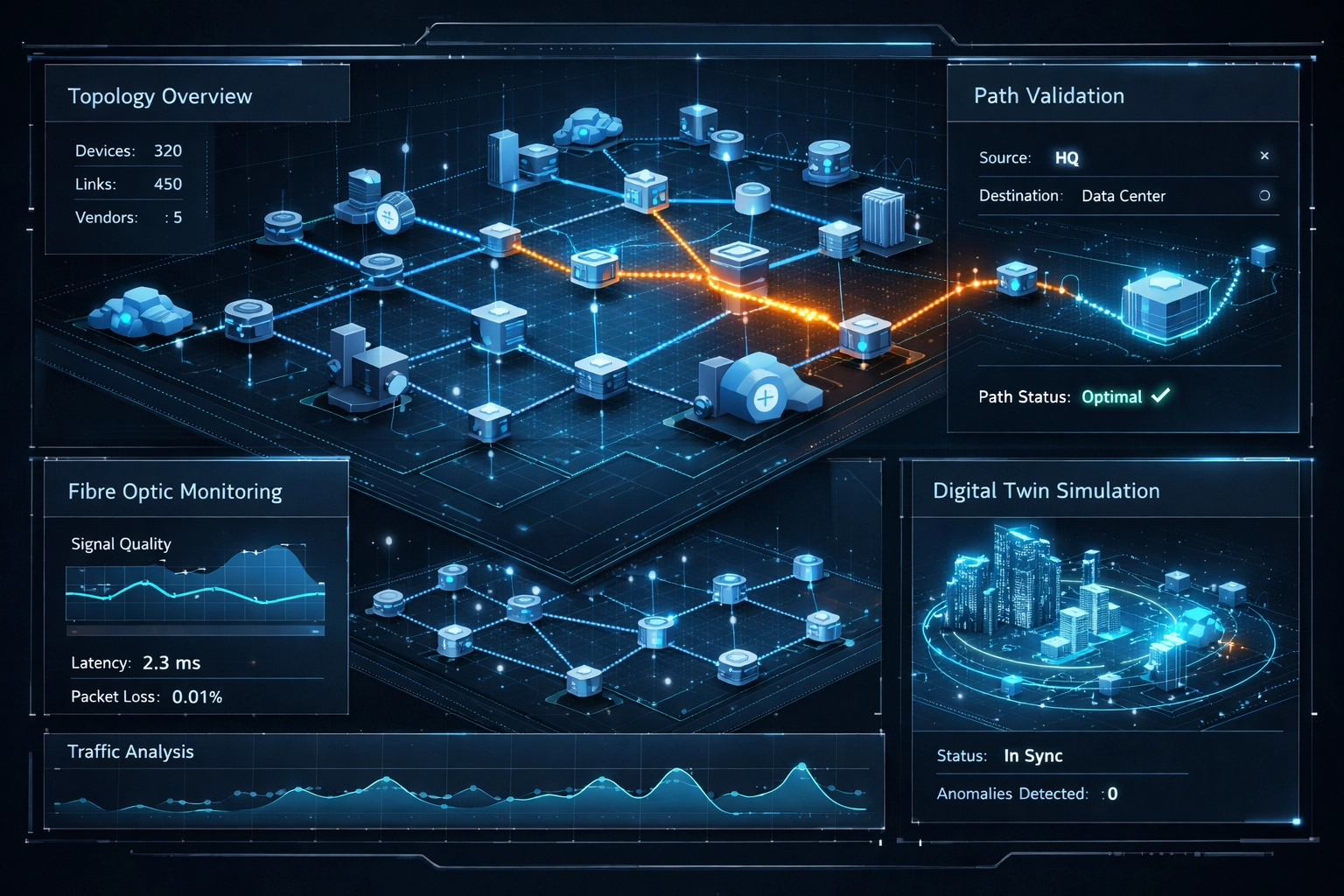 AI-generated futuristic network assurance dashboard showing topology mapping, policy validation, and multi-vendor infrastructure truth with no vendor branding.