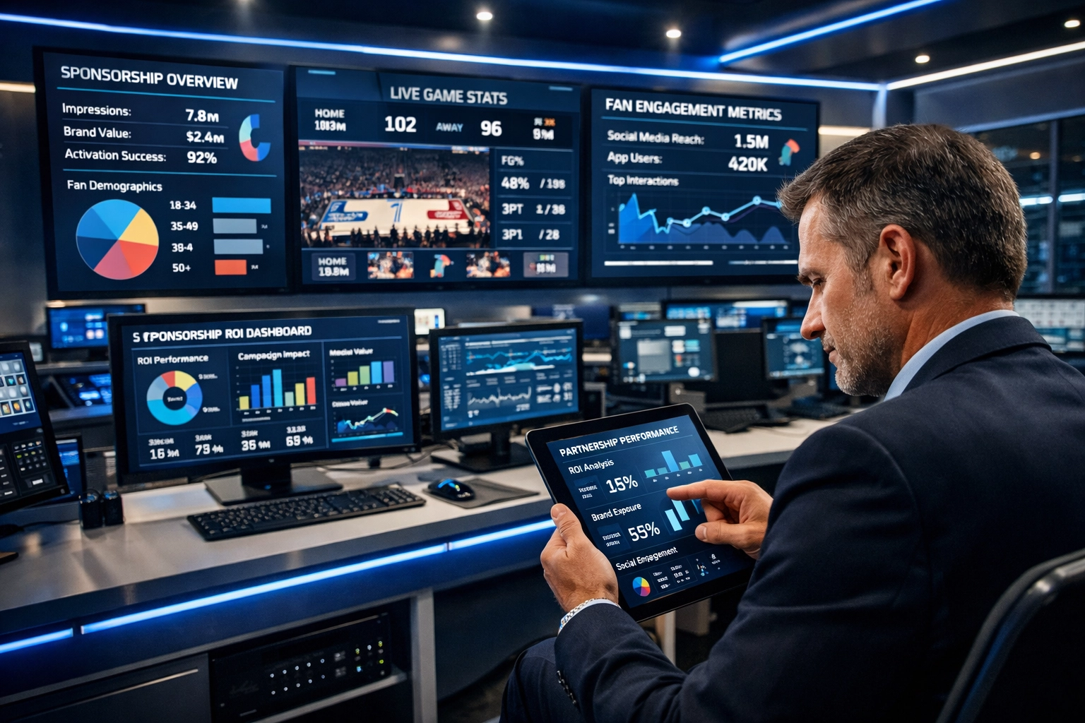 Sports venue control room displaying real-time sponsorship metrics and brand partnership performance data