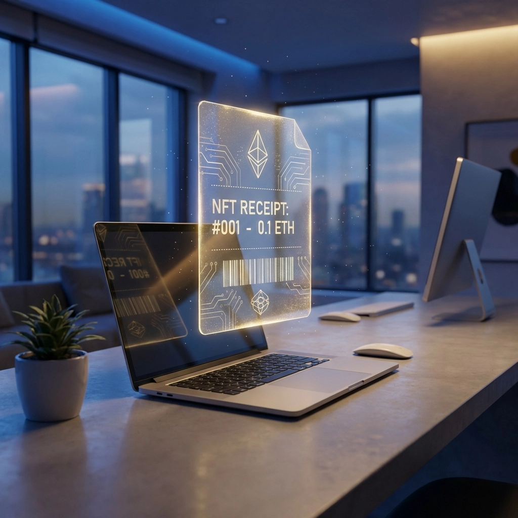 Glowing NFT receipt above a laptop represents Larecoin's innovative, transparent blockchain accounting for crypto payments.