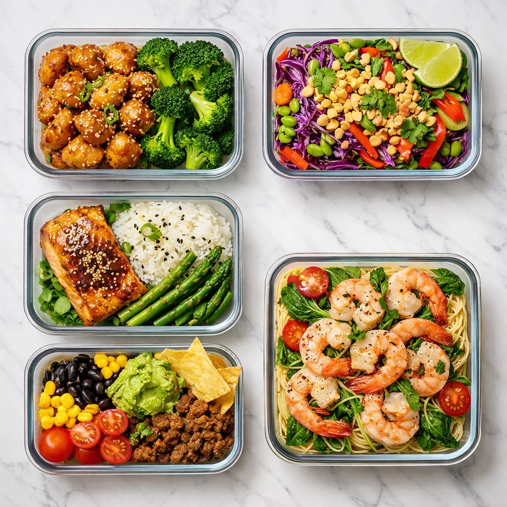 Overhead view of glass meal prep containers filled with healthy chicken stir-fry and vibrant vegetable salads.