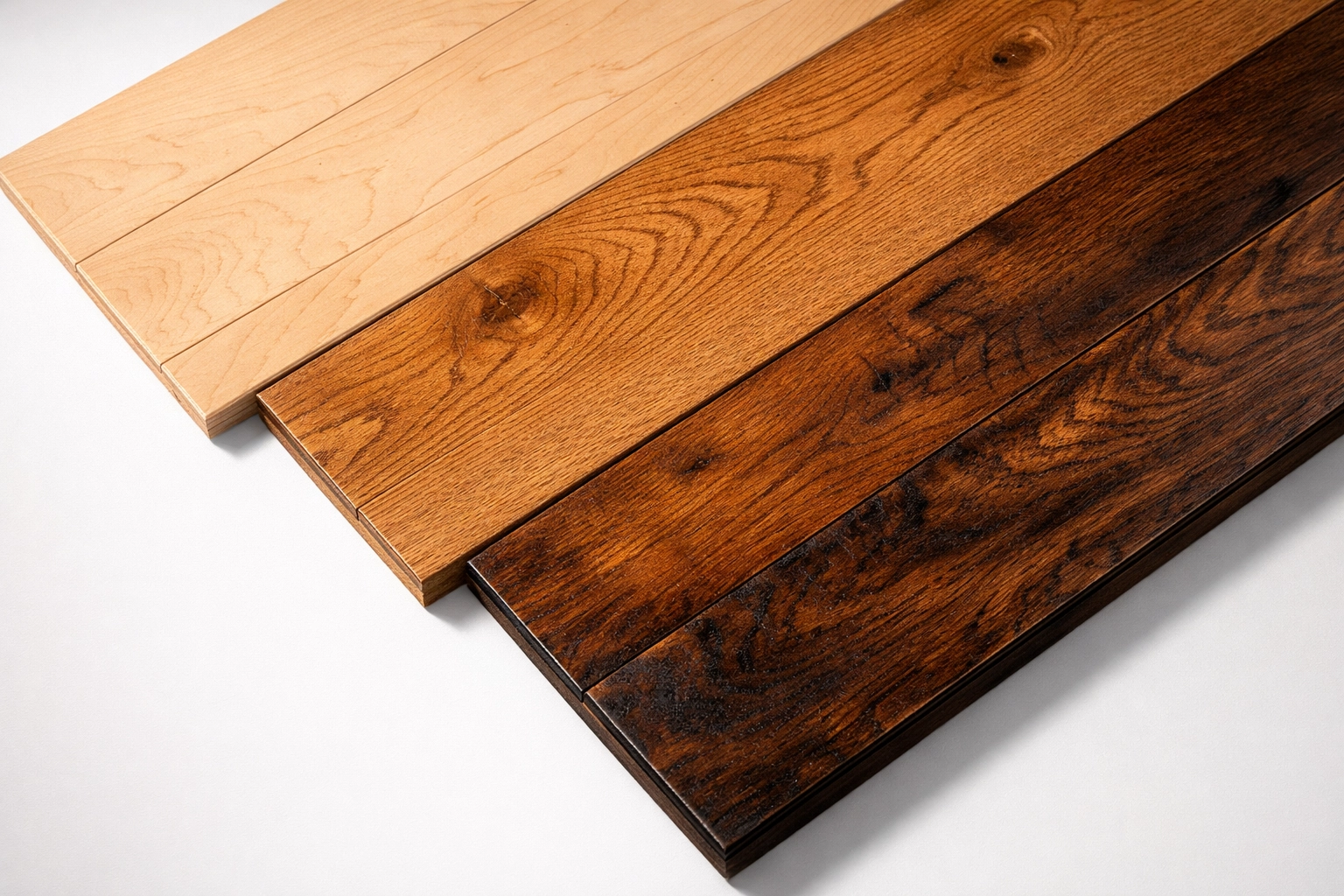 Maple, oak, and hickory hardwood flooring samples showing grain patterns