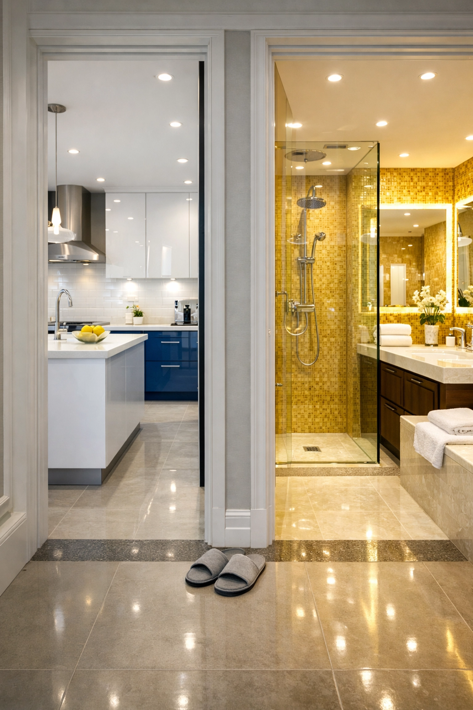 Organized kitchen and bathroom zones highlighting professional house cleaning Ashburnham MA standards.