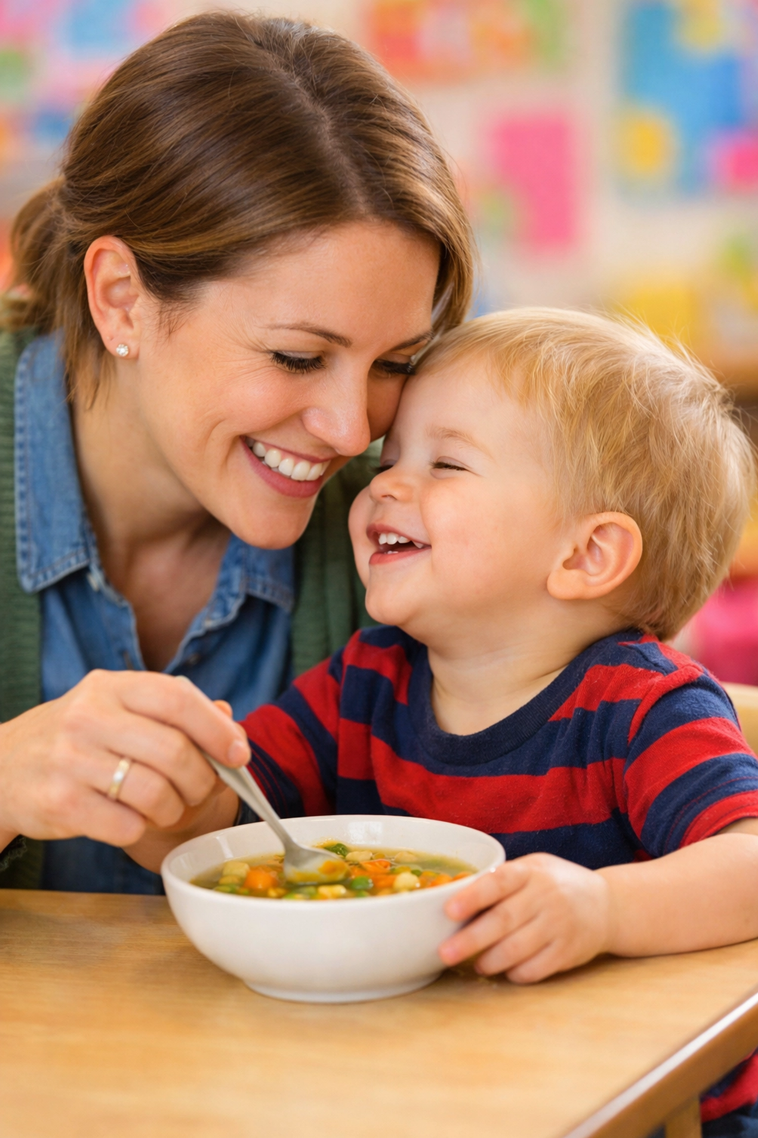 A teacher showing love while serving a toddler a healthy home-cooked meal at our Mission childcare center.